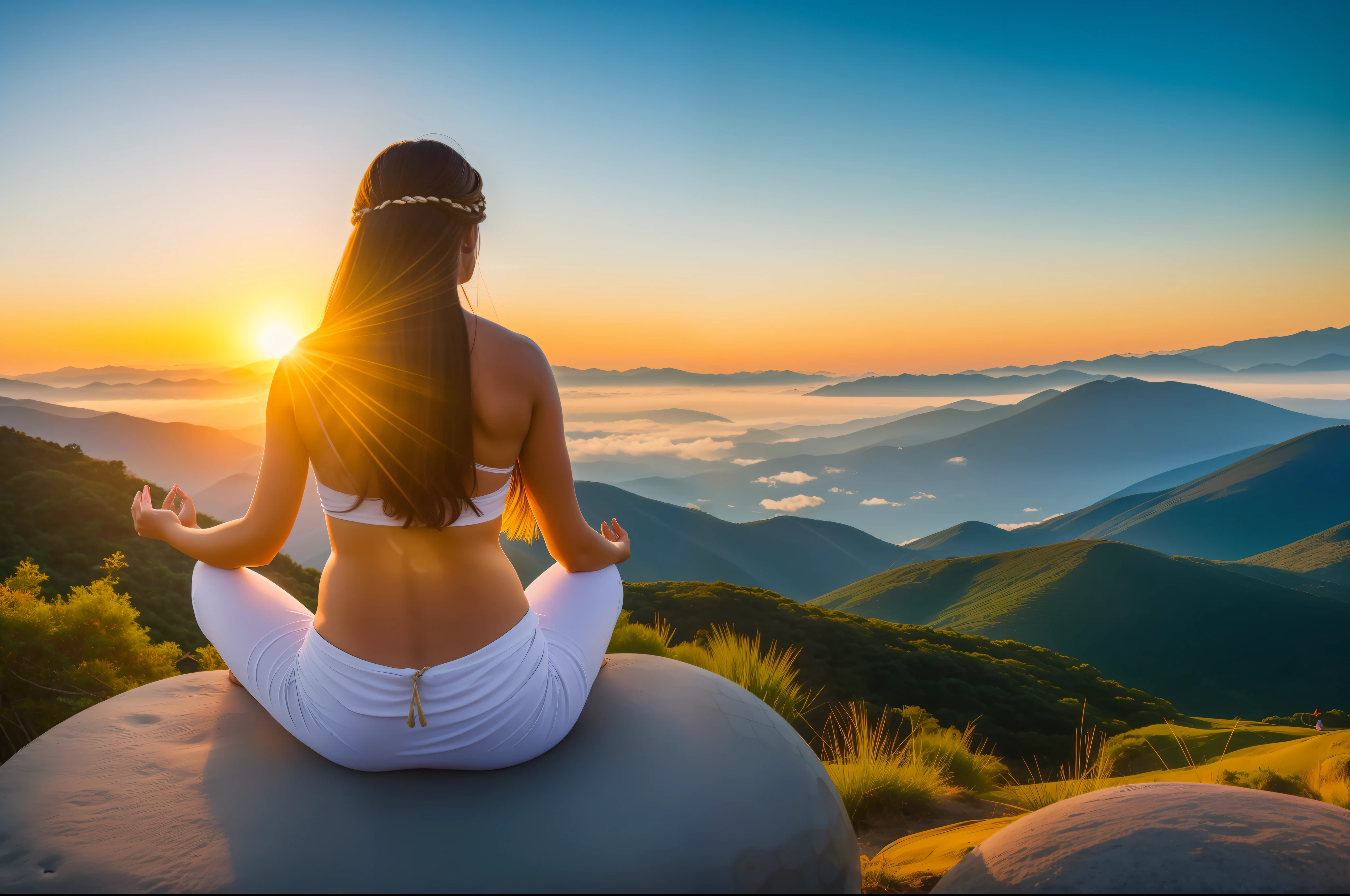 "A young woman sitting in meditation at dawn on a mountain. She has a serene expression and a discreet smile on her face. Inside a bubble above your head are images that represent anxiety and depression dissipating, como nuvens escuras se afastando para dar lugar a uma claridade, sunny skies. Abaixo dela, palavras escritas em pedras formam a frase: "My ikigai fills me with meaning and purpose". Ao fundo, The rising sun wearing golden light symbolizes the hope and tranquility brought by ikigai."