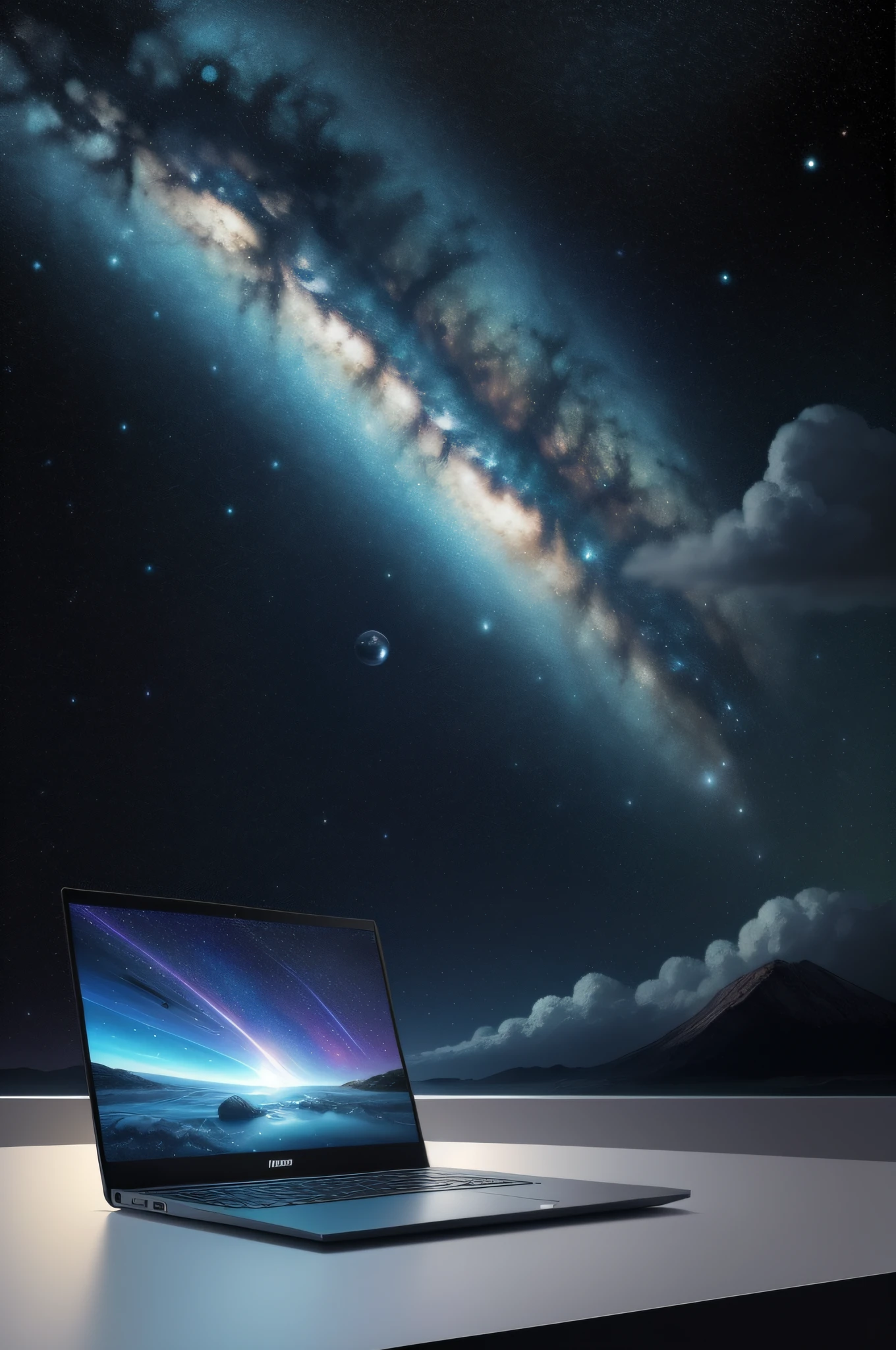 An artist's illustration of a semi-new laptop floating in a universe filled with bright stars. The computer is represented as a gateway to a world full of opportunities and discoveries.