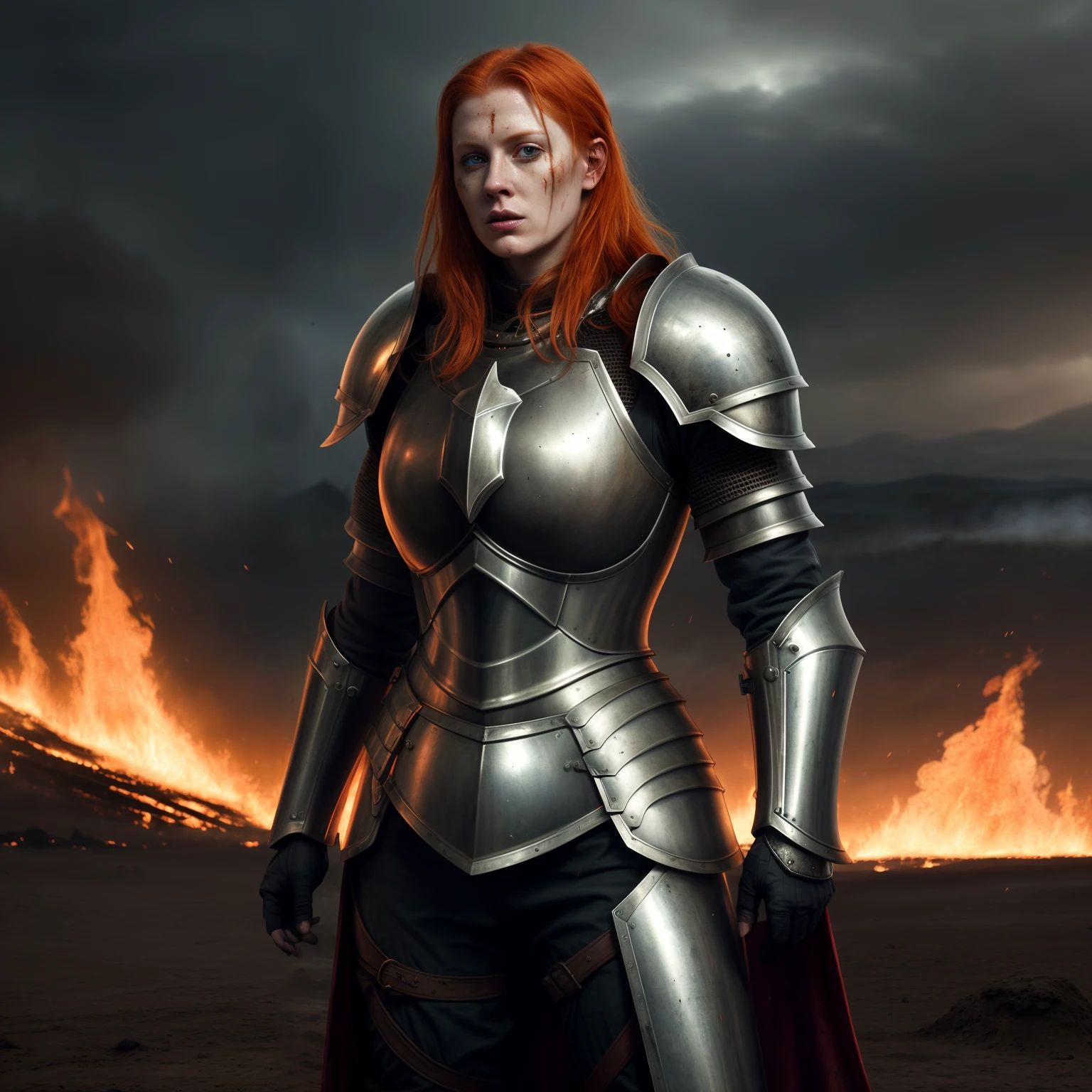 detailed illustration of ginger female divine paladin wearing full plate armor, heavily damaged armor, standing sad on a battlefield, battlefield on fire as background, dirt, misery and decadence, dark ambient, art by Mschiffer, tetradic colors,