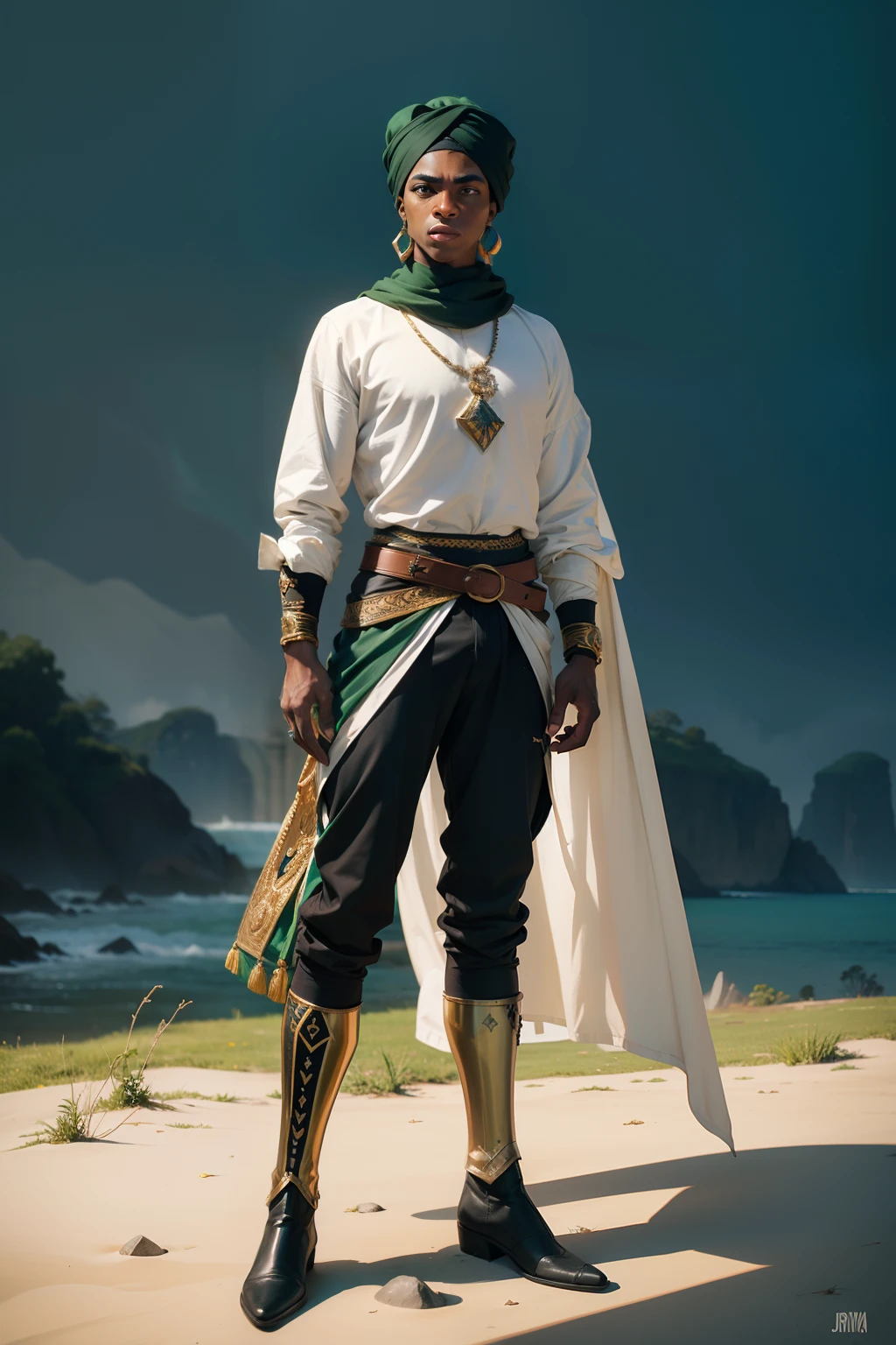 realista, homem jovem, afrodescendente, pele negra, fabric turban on head, Manto medieval verde, guerreiro, Armadura prateada, pants, Botas, corpo todo, corpo inteiro, sem fundo