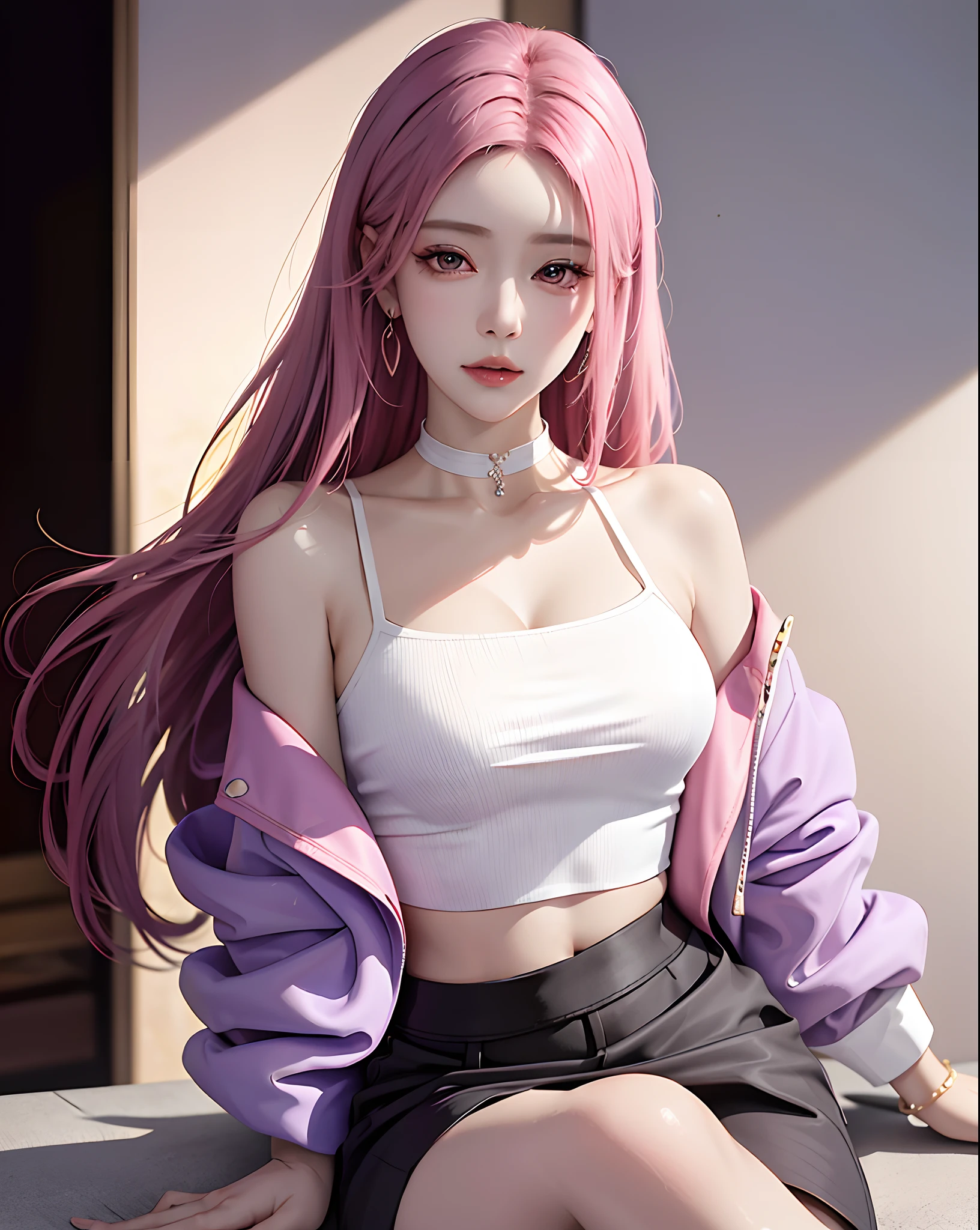 (masterpiece, best quality, 1girl, solo, intricate details, chromatic aberration), realistic, ((medium breath)),long hair, pink hair, red head ornament, pink highlights, hair over one eye,purple eyes, earrings, sharp eyes, choker, neon shirt, open jacket, crop turtleneck sweater,open waist,(perfect symmetrical body),against wall, brick wall, graffiti, dim lighting, alley ,look at viewer