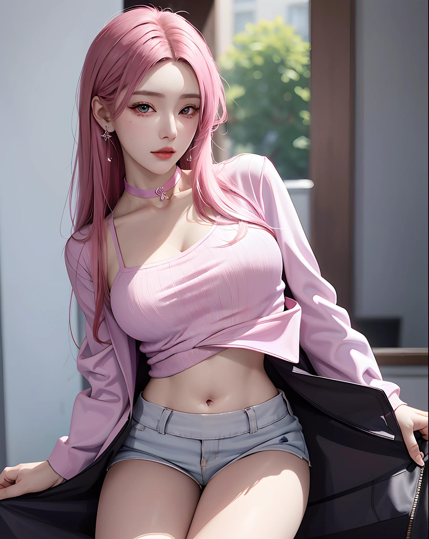(masterpiece, best quality, 1girl, solo, intricate details, chromatic aberration), realistic, ((medium breath)),long hair, pink hair, red head ornament, pink highlights, hair over one eye,purple eyes, earrings, sharp eyes, choker, neon shirt, open jacket, crop turtleneck sweater,open waist,(perfect symmetrical body),against wall, brick wall, graffiti, dim lighting, alley ,look at viewer