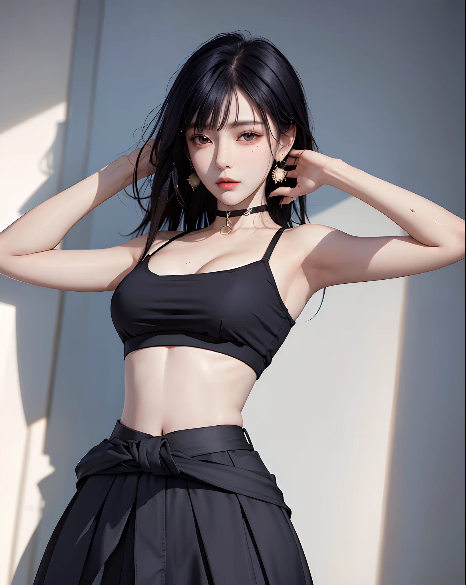 (masterpiece, best quality, 1girl, solo, intricate details, chromatic aberration), (realistic),(skin), ((breath)),(black hair,blunt bangs),detailed hair, red head ornament, blue highlights, hair over one eye,black eyes, small earrings, sharp eyes, choker,((black crop top )),(skirt),(belt),open waist,(symmetry eyes),(perfect symmetrical body), night,(((natural light))),backlighting,against grey  wall, dim lighting ,look at viewer,((centered shot, from front,(face and waist)))