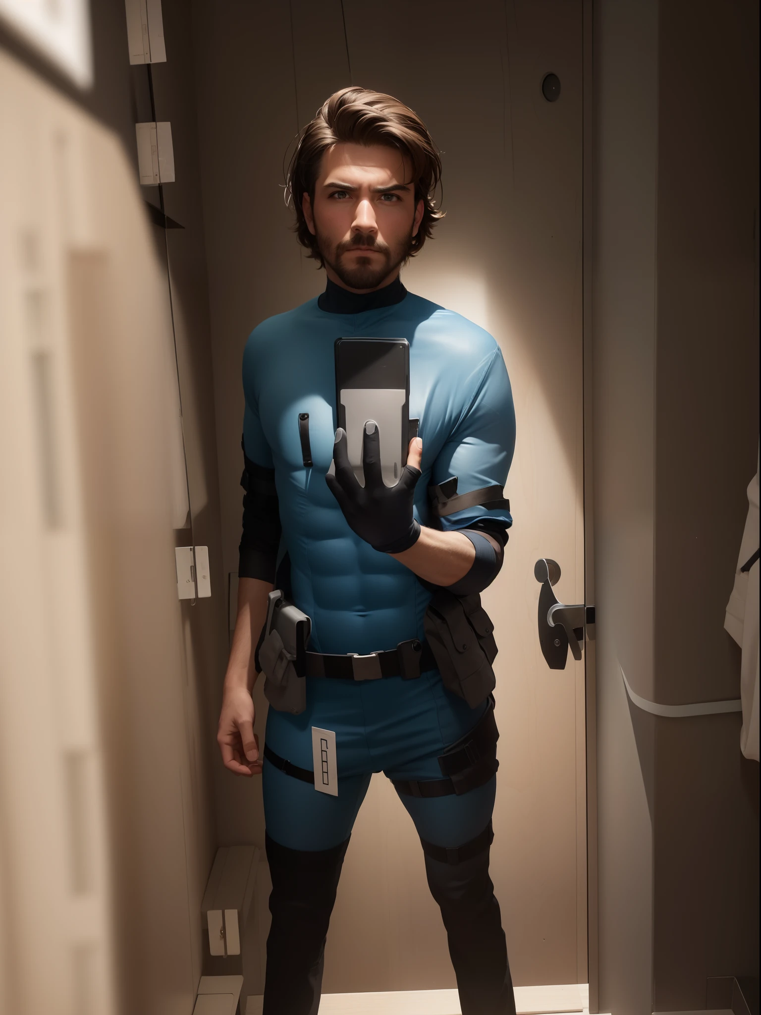 masterpiece, best quality, solid snake, facial hair, blue bodysuit, gloves, headband, cowboy shot, looking at viewer, furrowed brow