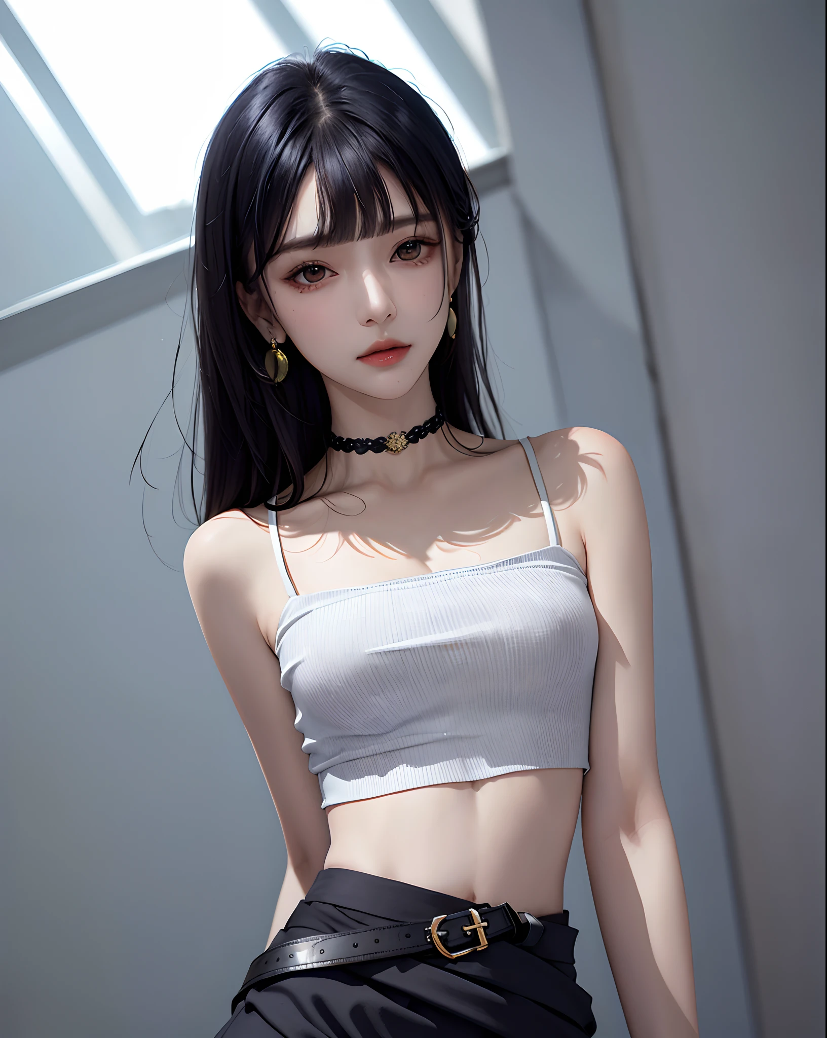 (masterpiece, best quality, 1girl, solo, intricate details, chromatic aberration), (realistic),(skin), ((breath)),(black hair,blunt bangs),detailed hair, red head ornament, blue highlights, hair over one eye,black eyes, small earrings, sharp eyes, choker,((black crop top )),(skirt),(belt),open waist,(symmetry eyes),(perfect symmetrical body), night,(((natural light))),backlighting,against grey  wall, dim lighting ,look at viewer,((centered shot, from front,(face and waist)))