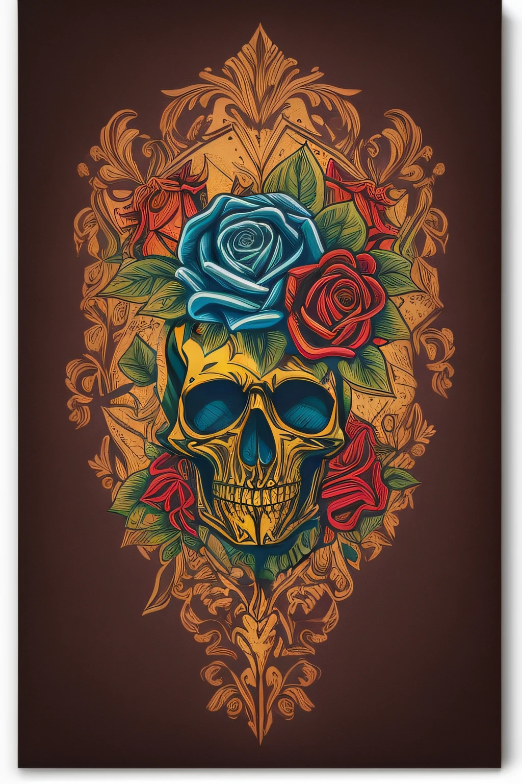 "Artwork inspired by Ed Hardy: A yellow skull with bold black bevels, red eye sockets, and vibrant details."