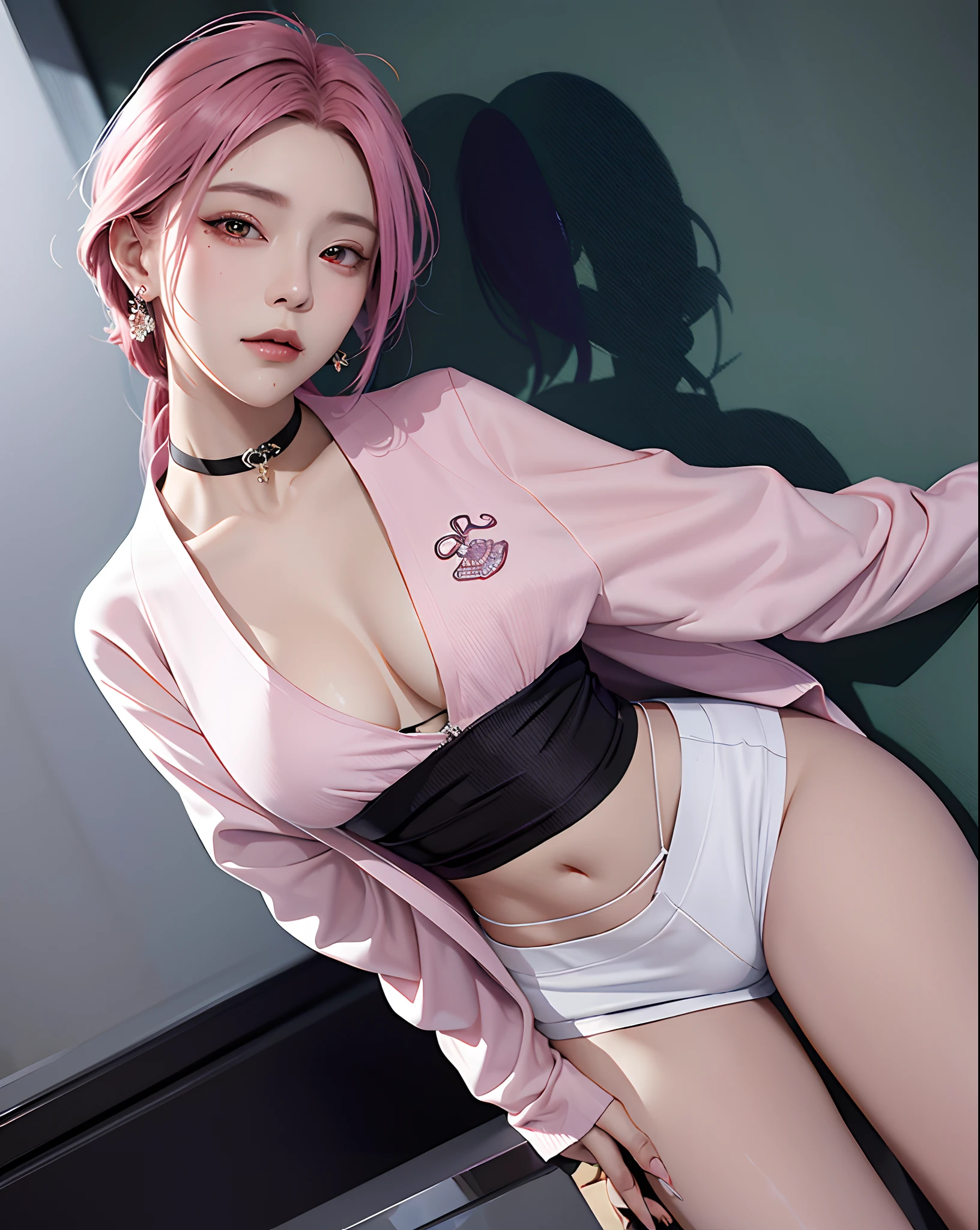 (masterpiece, best quality, 1girl, solo, intricate details, chromatic aberration), realistic, ((medium breath)),long hair, pink hair, red head ornament, pink highlights, hair over one eye,purple eyes, earrings, sharp eyes, choker, neon shirt, open jacket, crop top, (symmetry eyes),(perfect symmetrical body),against wall, brick wall, graffiti, dim lighting, alley ,look at viewer