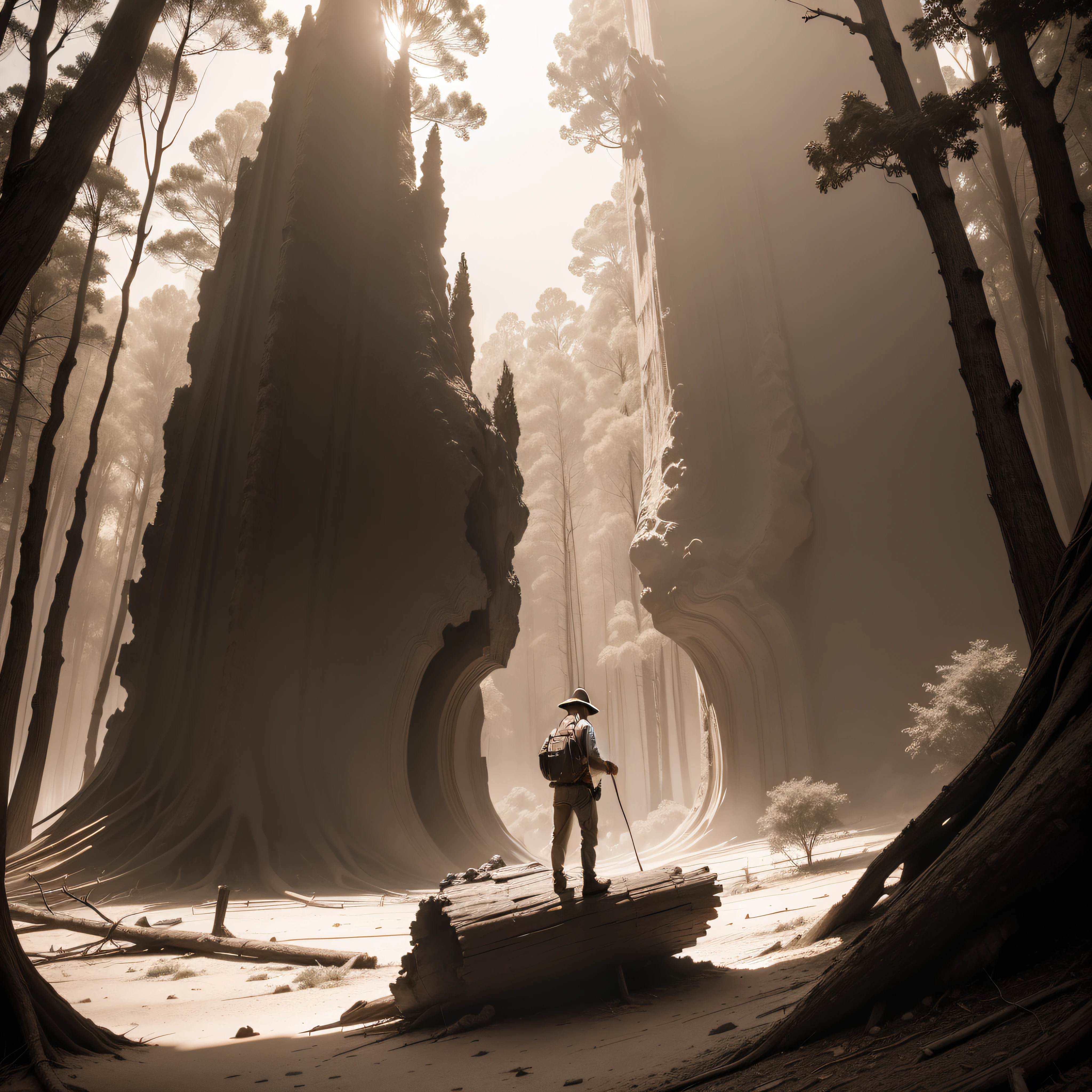 (extremadamente detallado, obra maestra, La mejor calidad, Tono sepia), un hombre con un hacha camina por un bosque. meteorito en el suelo, Giant crater. burned trees. Escultura barroca en ruinas. Daytime Lighting.