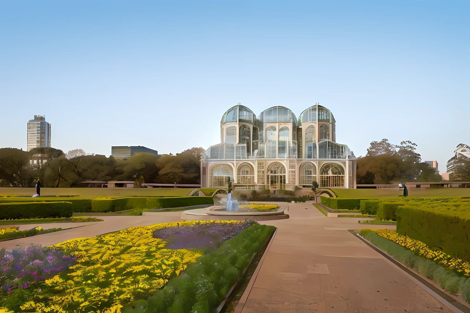 There is a large building with a glass structure in the middle of a garden, botanic garden, Exterior Botanical Garden freezing denying cold