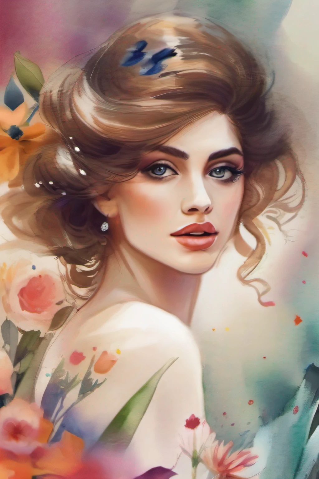 uma pintura de uma mulher morena clara com olhos castanhos escuros extremamente lindos e atraentes, com flores no cabelo, exquisite digital illustration, aquarela artstyle, pintura digital em aquarela, a beautiful artwork illustration, estilo aquarela, linda arte digital linda, watercolor illustration style, pintura colorida em aquarela, arte em aquarela, Arte bonita UHD 4K, estilo de pintura em aquarela, bela arte digital, lindo arte digital, pintura de bonito, Beautiful digital illustration