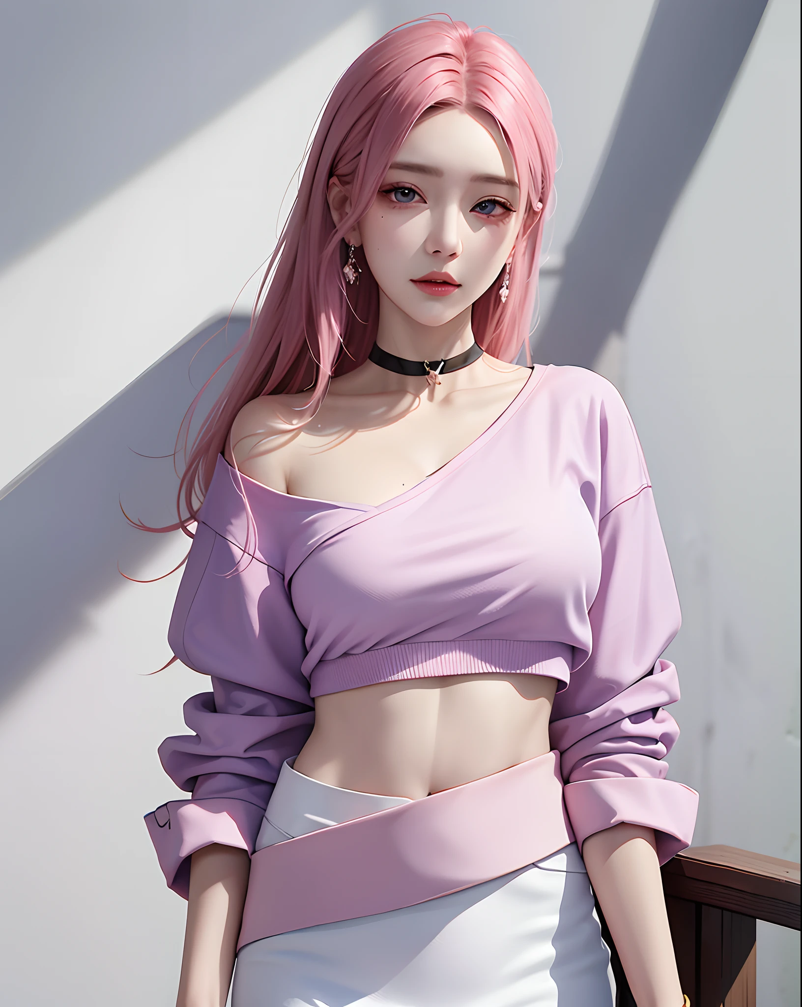 (masterpiece, best quality, 1girl, solo, intricate details, chromatic aberration), realistic, ((medium breath)),long hair, pink hair, red head ornament, pink highlights, hair over one eye,purple eyes, earrings, sharp eyes, choker, neon shirt, open jacket, crop top, (symmetry eyes),(perfect symmetrical body),against wall, brick wall, graffiti, dim lighting, alley ,look at viewer