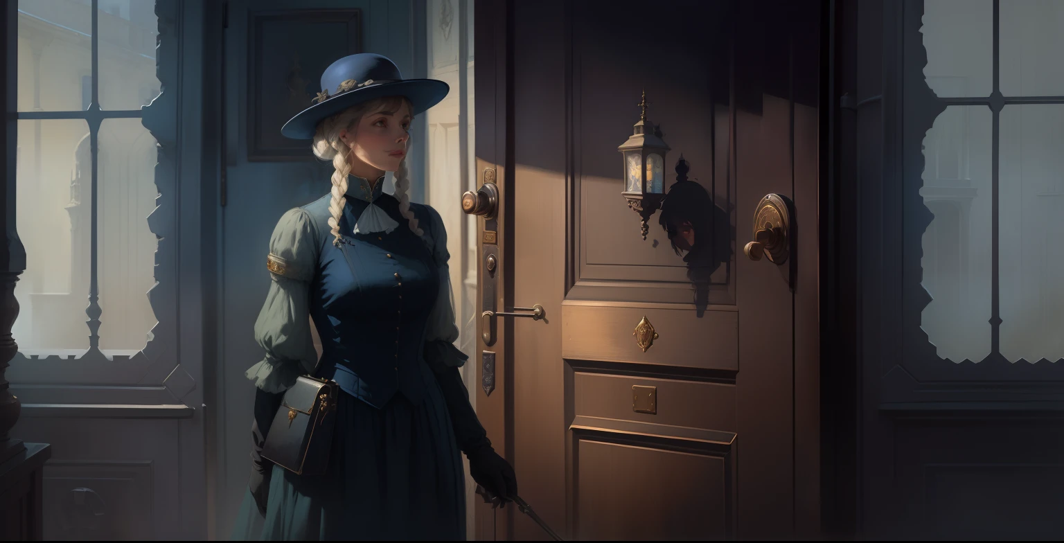 There's a woman in front of a door with a hat on, fantasia arte vitoriana, Inspirado Sci Vitoriano - Fi, inspirado por Carl Spitzweg, eerie nostalgic concept art, inspirado em Jakub Schikaneder, mulher misteriosa, inspirado em Ivan Kramskoi, abertura por, inspired by Jean Béraud, prestes a entrar na moldura da porta