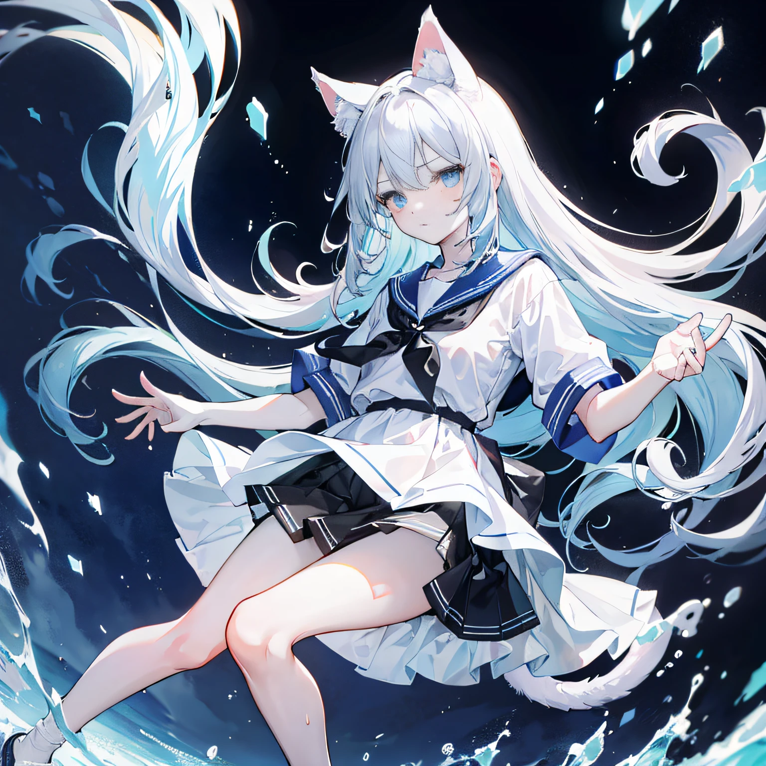 masutepiece,Best quality,ultra - detailed,Two hands,Two legs,Five fingers,best faces,1 girl,light blue long hair,timid,Cat ears,pale blue color eyes, Height 145 cm,small tits,Cat tail,,timid,a sailor suit,White T-Shirts,a black skirt,White socks,Clothes wet with sweat