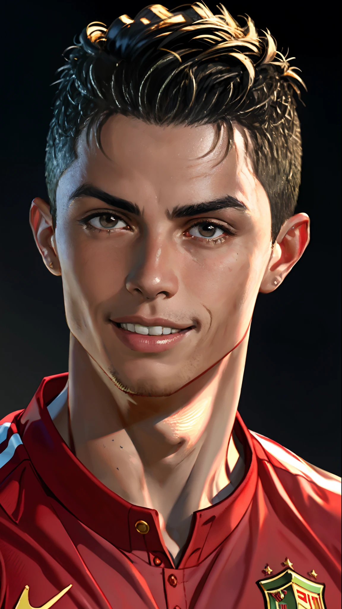 a close up of a man with a red shirt smiling, portrait of cristiano ronaldo, cristiano ronaldo, soccer player cristiano ronaldo, accurate ultra realistic faces, very realistic face, hyper realistic faces, 8 k highly detailed,  8 k realistic digital art, uhd realistic faces, realistic perfect face, accurate detailed face