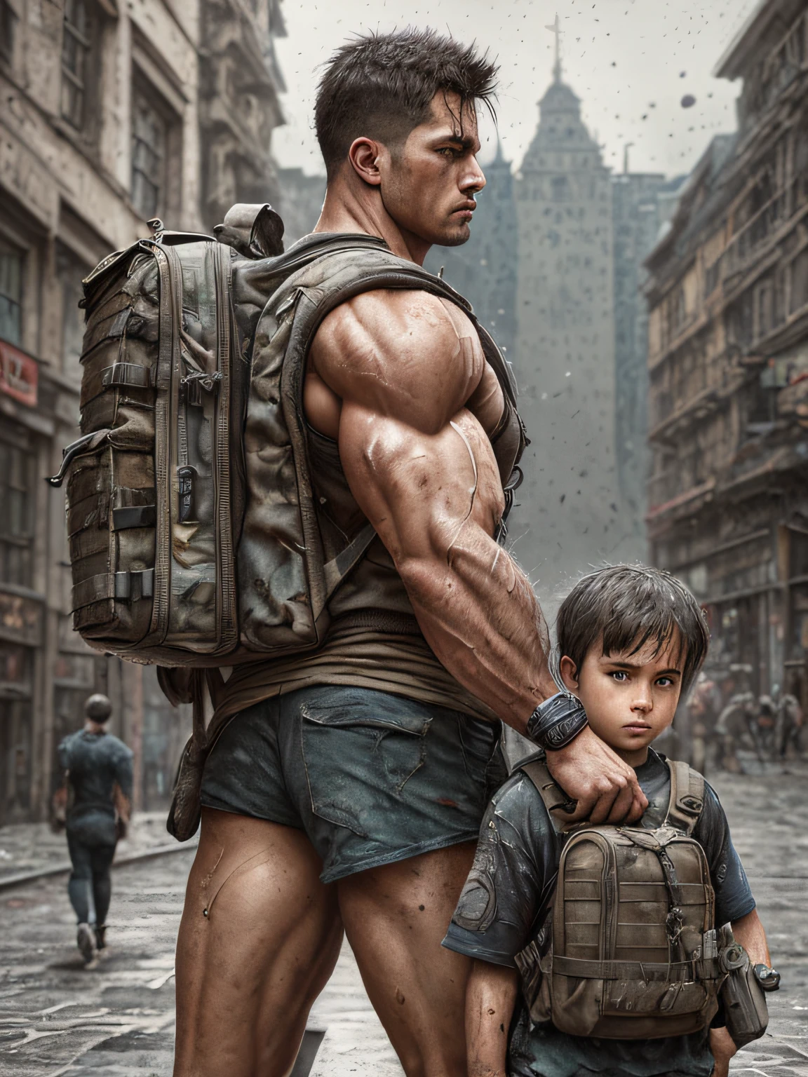 strong muscular man, street angry, backpack, protecting 2 children behind his back, epic realistic, photo, faded, complex stuff around, intricate background, soaking wet, neutral colors, ((((hdr)))), ((((muted colors)))), intricate scene, artstation, intricate details, vignette