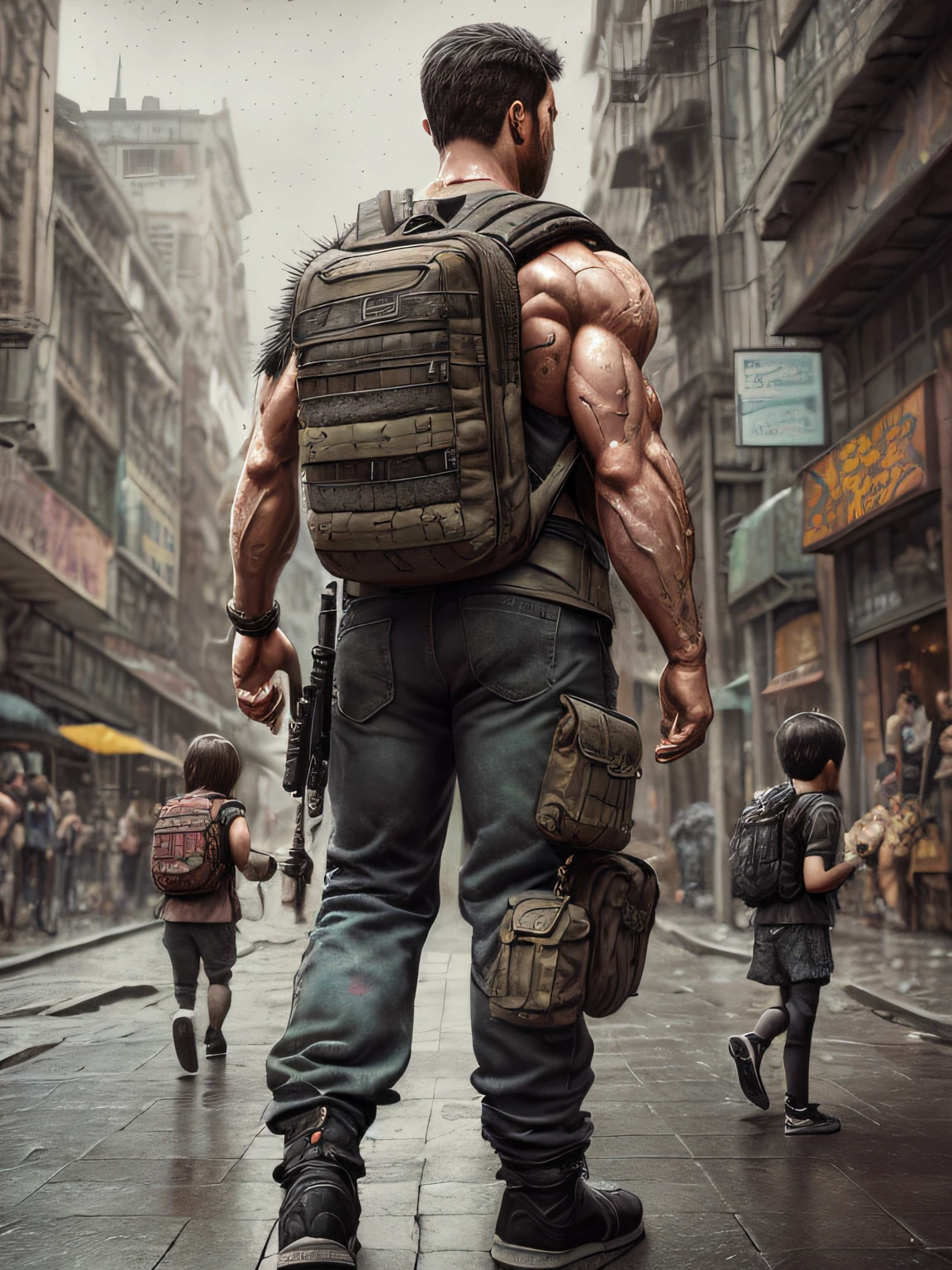 strong muscular man, street angry, backpack, protecting two childrens, epic realistic, photo, faded, complex stuff around, intricate background, soaking wet, neutral colors, ((((hdr)))), ((((muted colors)))), intricate scene, artstation, intricate details, vignette