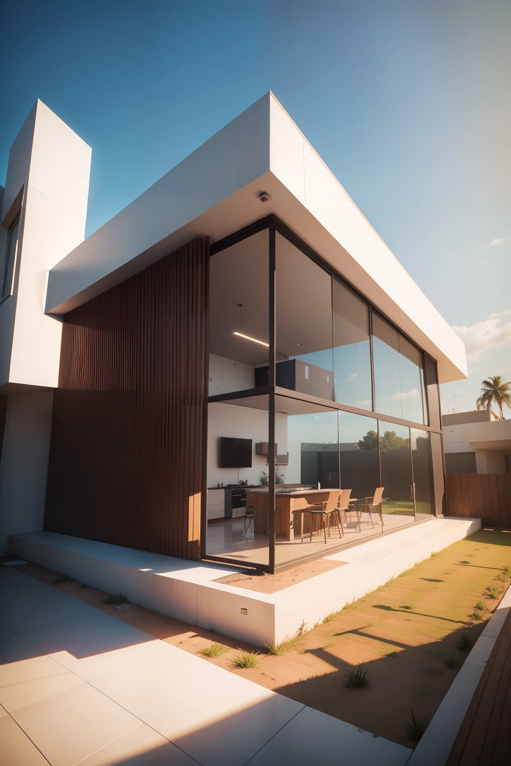 a 3D model with HD rendering, Isometric view of right angle and 45 degree angle, podemos utilizar ferramentas como o revit, Substance 3D e Octane Render. It is important to ensure high detail in the model and to use global and reality lighting to achieve more realistic results. Vamos adicionar um fundo azul para dar destaque ao modelo. Ah, e para um efeito ainda mais impressionante, podemos utilizar um HDR de 1.3! With these techniques and tools, We can create an incredible rendering for Brazilian modern architecture.