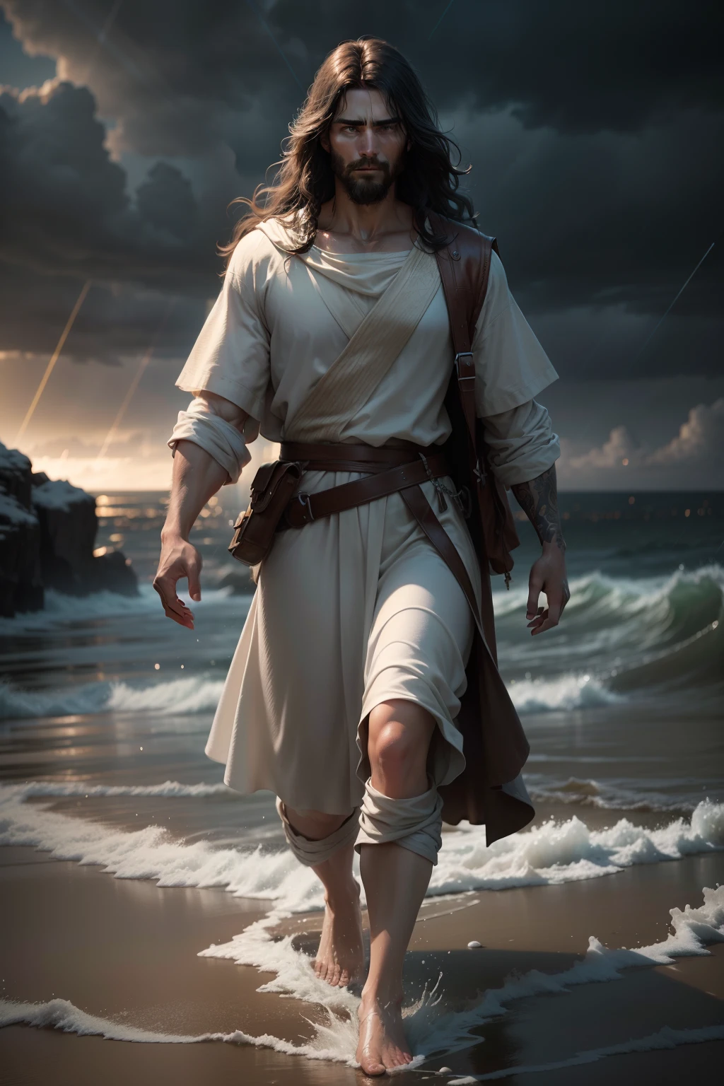 Jesus walking on water in a storm, gentle expression, streaks of light coming down from the sky, masterpiece, highest quality, high quality, highly detailed CG unit 8k wallpaper, award-winning photos, bokeh, depth of field, HDR, bloom, chromatic aberration, realistic, very detailed, trending at artstation, trending at CGsociety, complex, high detail, dramatic, mid-journey art, volumetric lighting