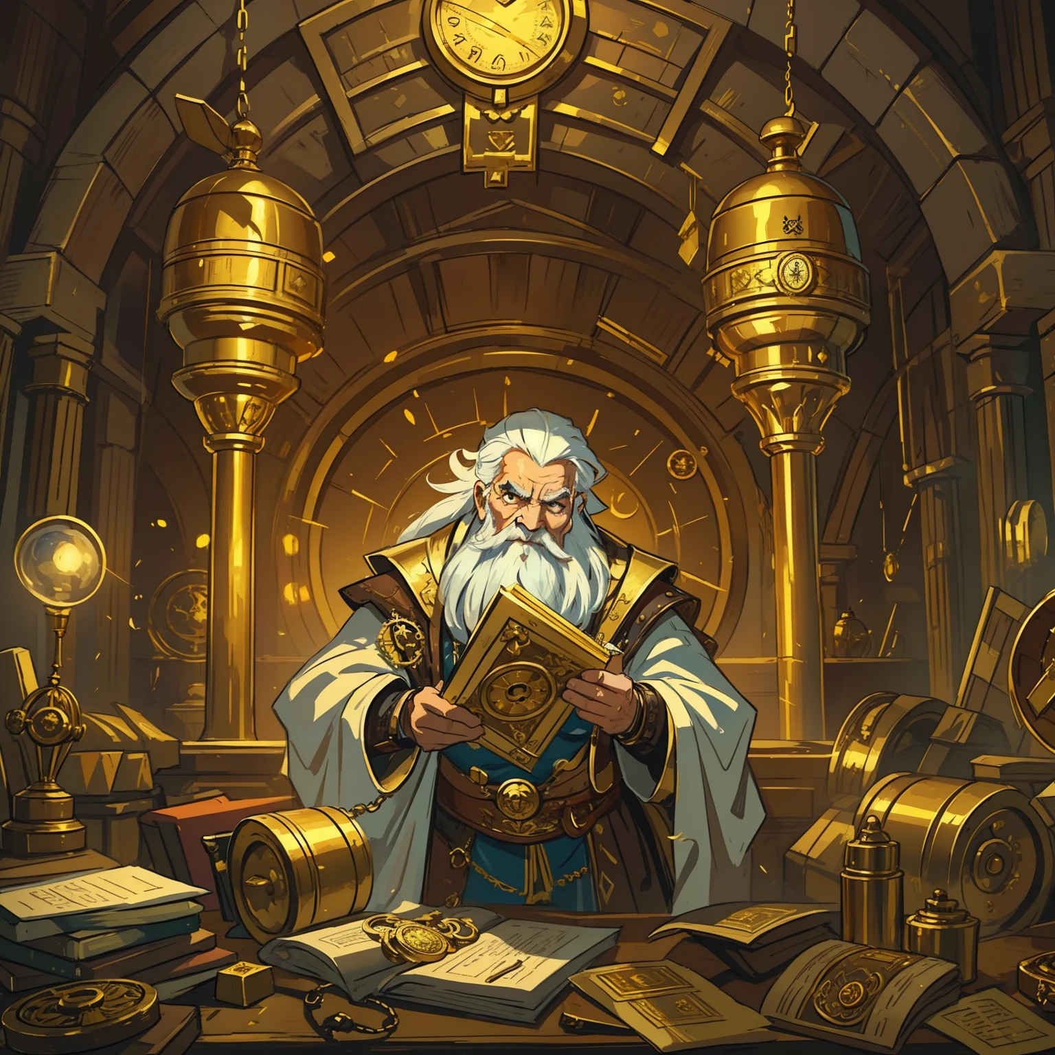 an old man, a dwarf with white steampunk hair, she is in a large temple full of gold, like a financial bank, a banker, and papers and scrolls;, medieval magic technology portray with steampunk creativity he uses a magical technology costume RPG character art character illustration character RPG medieval art he is surrounded by gold is in an elegant medieval bank vault