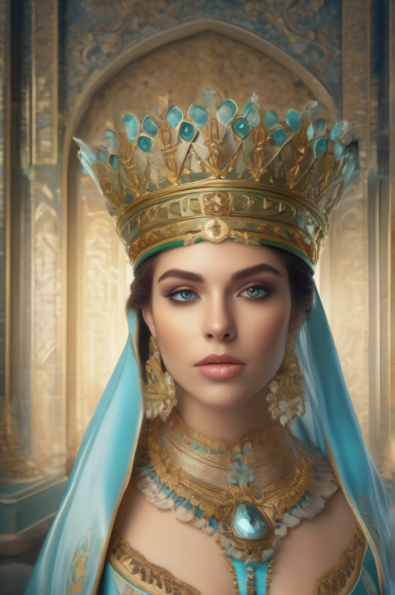 Young very beautiful Qeen in a light blue dress, European face type, A jagged face, A small golden crown on his head, in the hall with green and gold details on the walls, centered in frame, facing camera, Symmetrical facial, ideal human, 85 mm lens,f8, photografic, ultra details, natural light, light background, photo, studio lightning