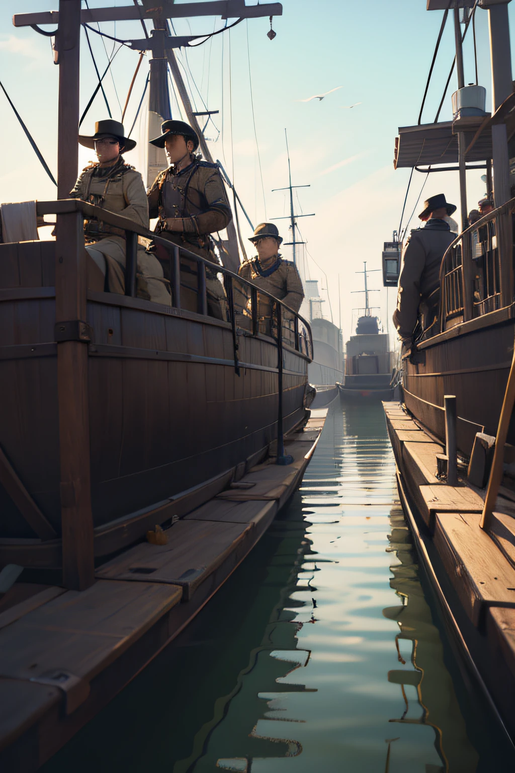 row of soldiers on a boat,steampunk military clothing