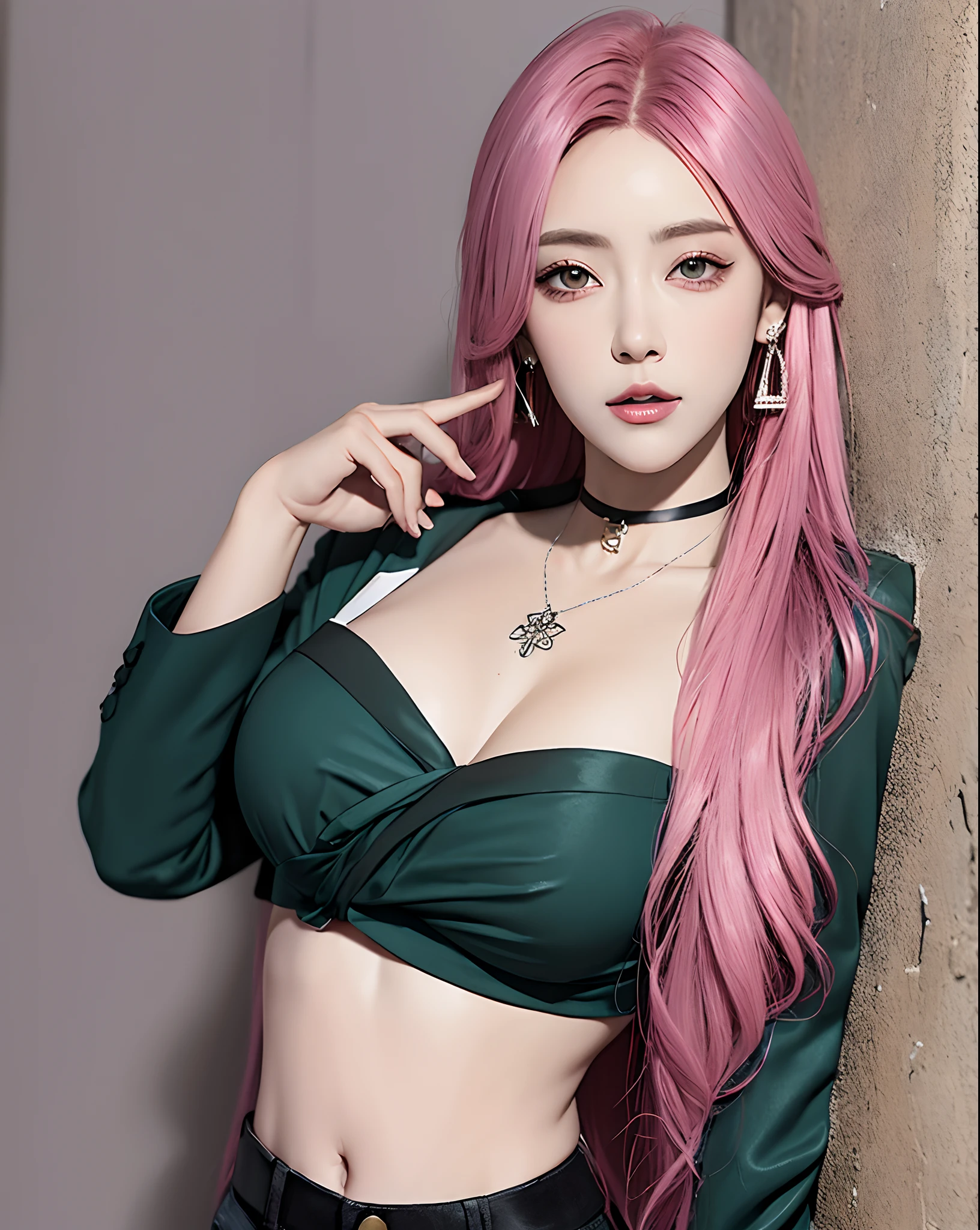 (masterpiece, best quality, 1girl, solo, intricate details, chromatic aberration), realistic, ((medium breath)),long hair, pink hair, red head ornament, pink highlights, hair over one eye,purple eyes, earrings, sharp eyes, choker, neon shirt, open jacket, crop top, (symmetry eyes),(perfect symmetrical body),against wall, brick wall, graffiti, dim lighting, alley ,look at viewer
