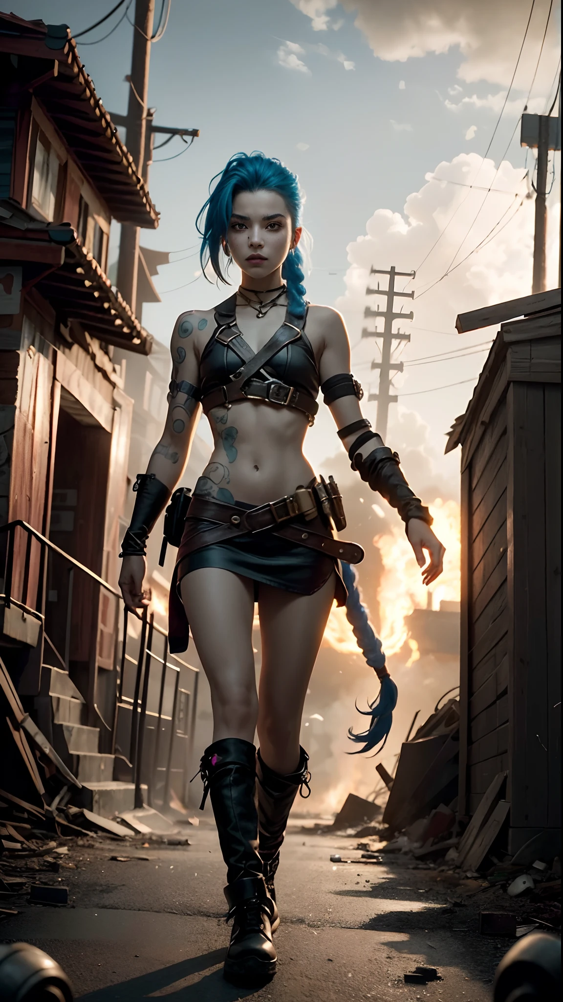 ((Best quality)), ((masterpiece)), (highly detailed:1.3), 3D, arcane style,In the dark and gritty dystopian city Piltover, plagued by violence and divided into two opposing factions, a young prodigy named Jinx emerges. Having endured unimaginable loss and abandonment, she has embraced a life of chaos and destruction. Known for her inventive and explosive abilities, Jinx becomes an icon of rebellion against the oppressive forces controlling the city. However, haunted by guilt and battling inner demons, she must confront her past and decide whether to continue down the path of anarchy or seek redemption amidst the turmoil. Explore the journey of Jinx as she navigates a treacherous world, fighting for survival, unraveling secrets, and discovering the true meaning of her twisted existencechaos reigns supreme, and at the heart of it all is Jinx, the embodiment of unpredictability. Delve deep into the twisted mind of Jinx, exploring the origins of her madness and the driving force behind her destructive nature. Unveil the moments that shaped her into the deranged and iconic character we know. Take us on a wild journey through the vibrant streets of Piltover and the grim underbelly of Zaun as Jinx wreaks havoc with her explosive arsenal. Can redemption ever find its way into Jinx's fractured soul? Or will she forever dance on the edge of sanity, embracing the chaos that fuels her very existence? The fate of Arcane hangs in the balance as Jinx's path intertwines with unlikely allies and formidable foes. Ignite your imagination and paint a vivid portrait of Jinx's twisted psyche, capturing the essence of her madness and the untamed spirit that defines her,HDR (High Dynamic Range),Ray Tracing,NVIDIA RTX,Super-Resolution,Unreal 5,Subsurface scattering,PBR Texturing,Post-processing,Anisotropic Filtering,Depth-of-field,Maximum clarity and sharpness,Multi-layered textures,Albedo and Specular maps,Surface shading,Accurate simulation of light-material interaction,Perfect proportion