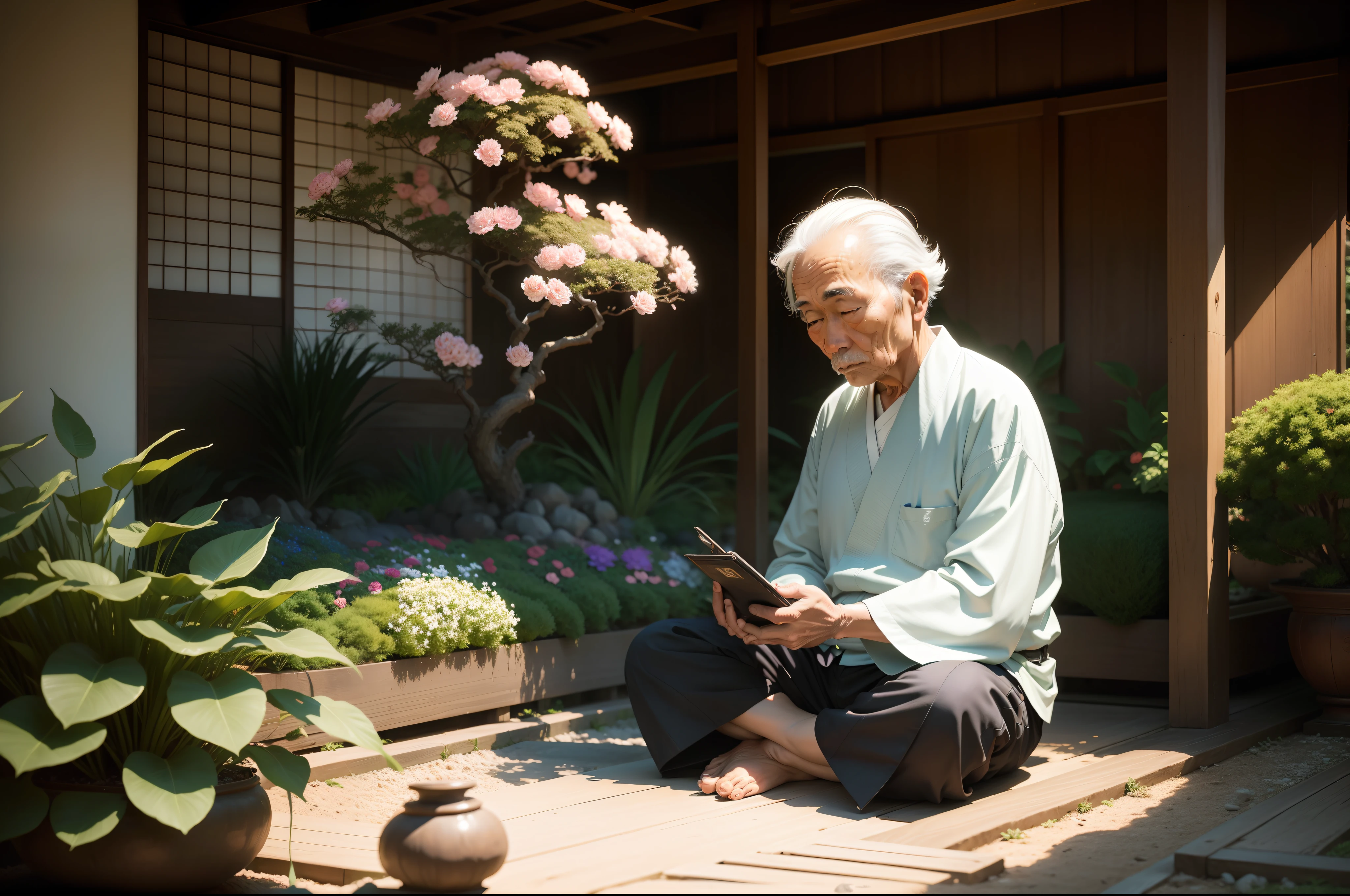 old japanese man in a beautiful garden, surrounded by plants and flowers, sitting meditating, expressionism, realism, contemporary art, fisheye, 35mm, Canon, UHD, masterpiece, ccurate, super detail, award-winning, high details,, sitting