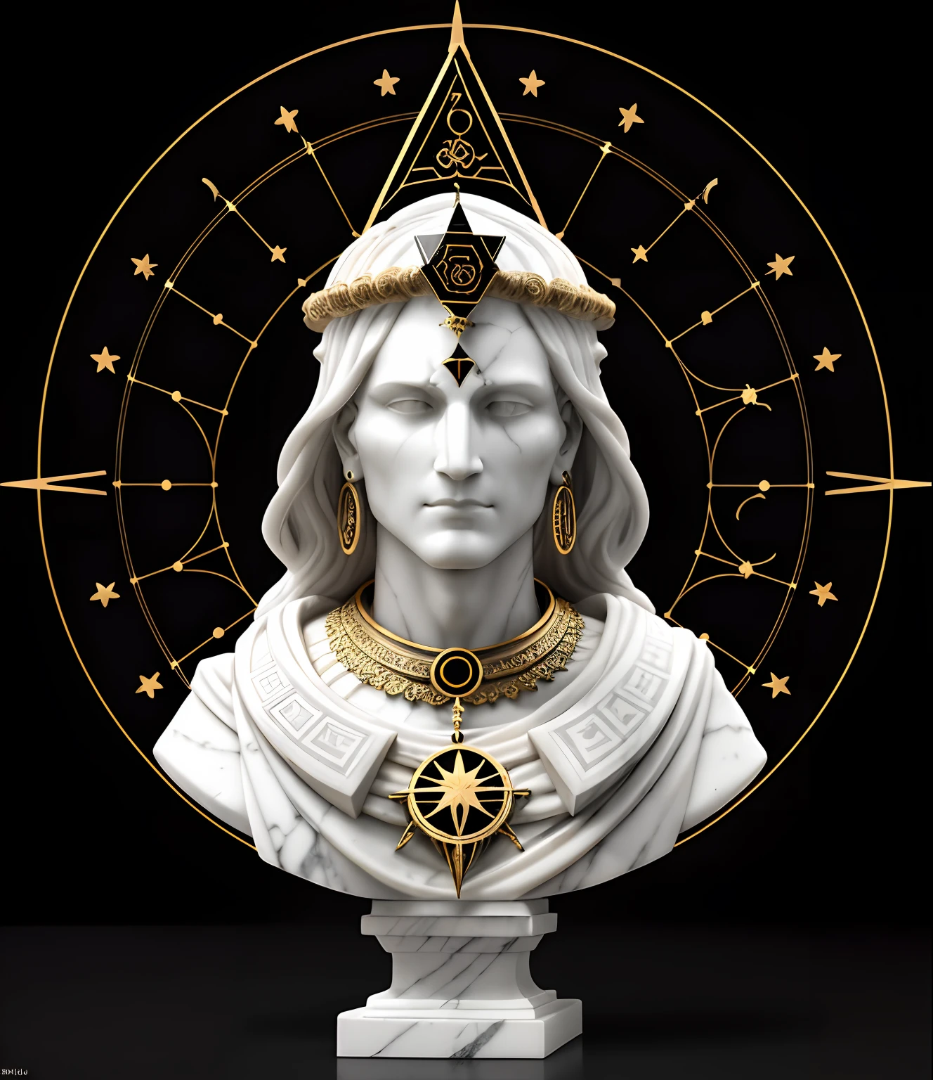 mockup, marble bust sculpture of geometric ancient undead priest warrior astrologist, full view, magical astrological esoteric symbols, Bauhaus, intricately decorated, medium shot, (black background:1.3)