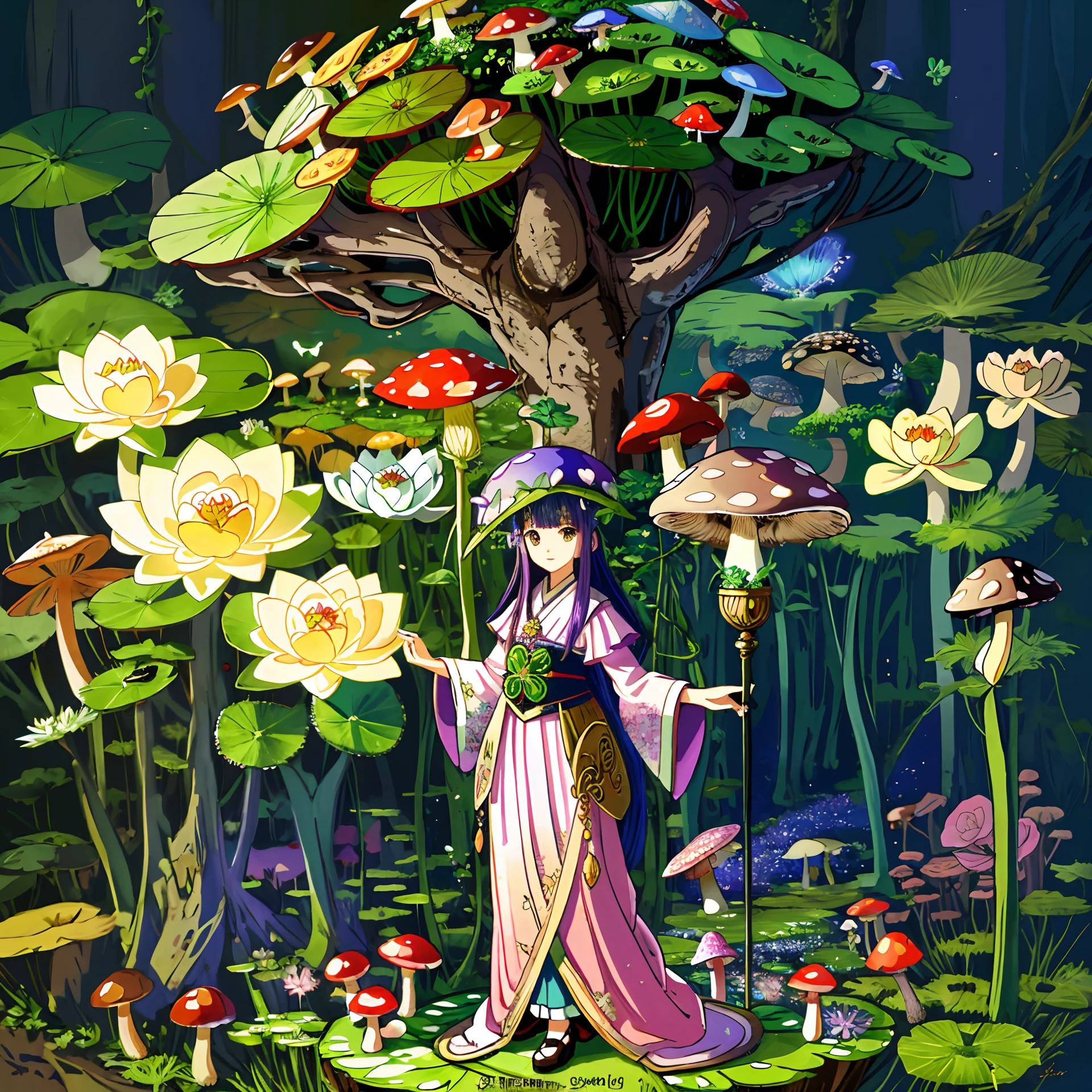 Mushroom forest with glass goblet，s fractal art，Sakura，frog，bridmorning glory，butterflys，lotuses，river，four-leaf clover，morning glory，rose，Cyber Mushroom Forest，Ultra-detailed digital fantasy art。Mushrooms are everywhere in the picture，The unique mushroom shape creates a magical casa scene