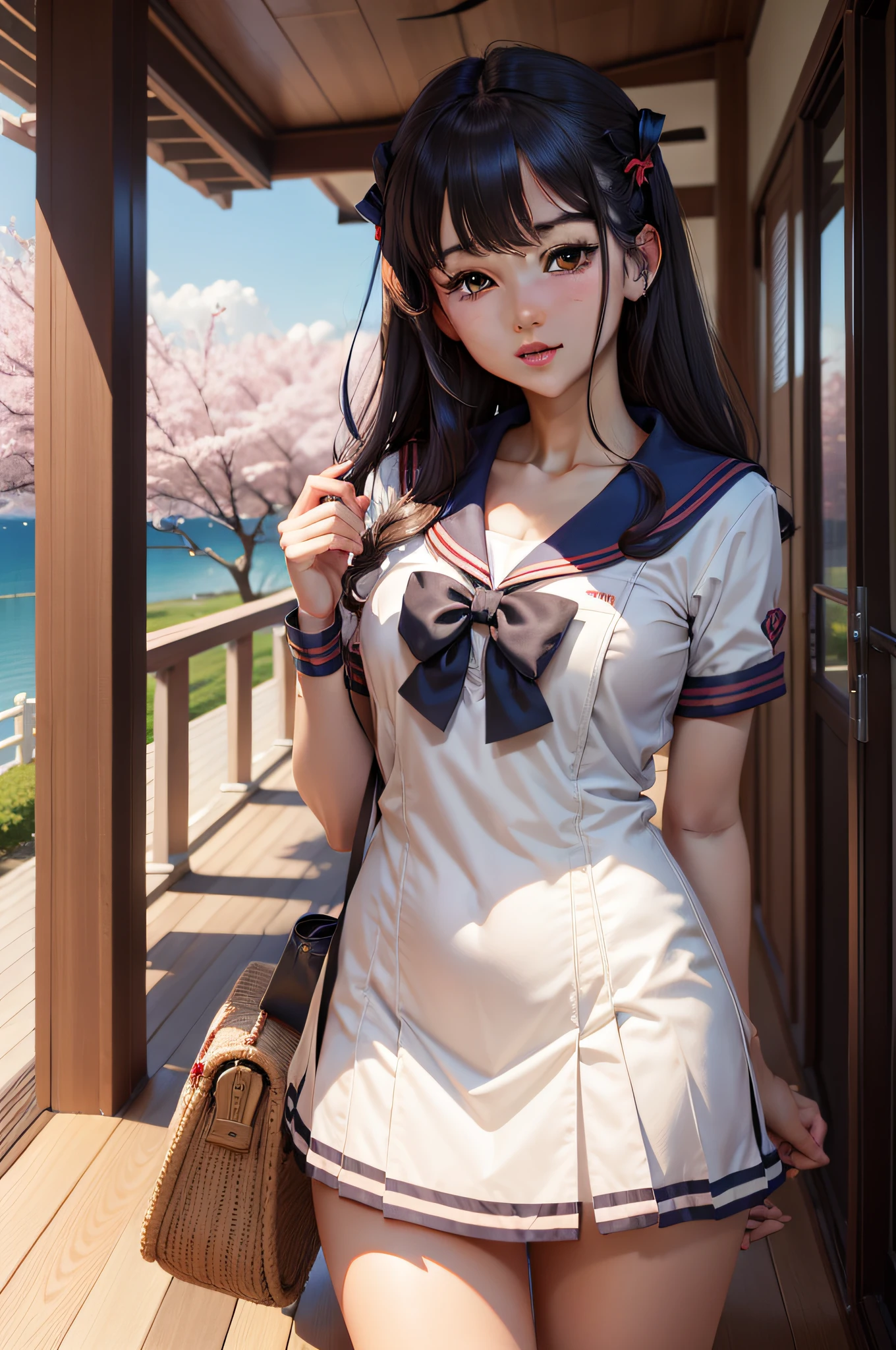 A dark-haired　animesque　a sailor suit　cherry trees　verandah