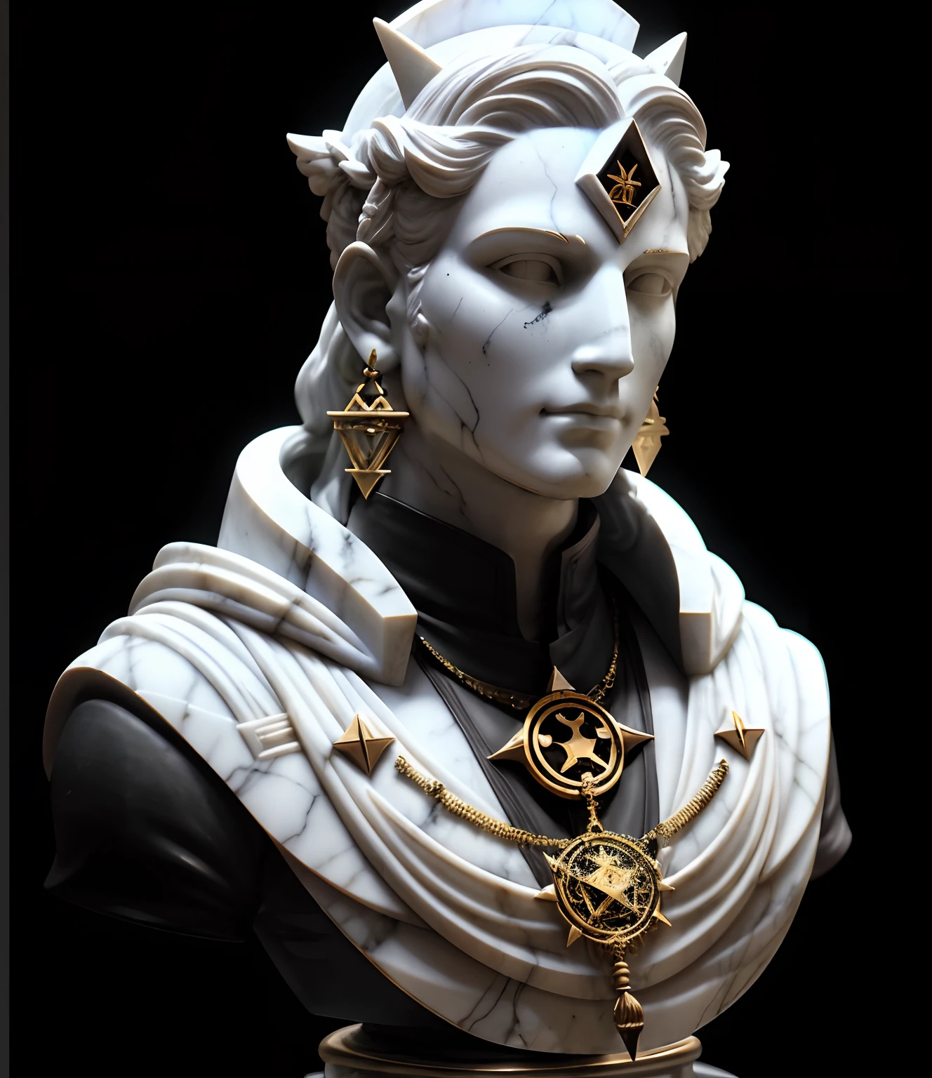 closeup front, perfil de frente, maquete, marble bust sculpture of astrologer warrior warrior ancient geometric undead warrior, full view, magical astrological esoteric symbols, Bauhaus, primorosamente decorado, Medium plan, (fundo preto: 1.3)