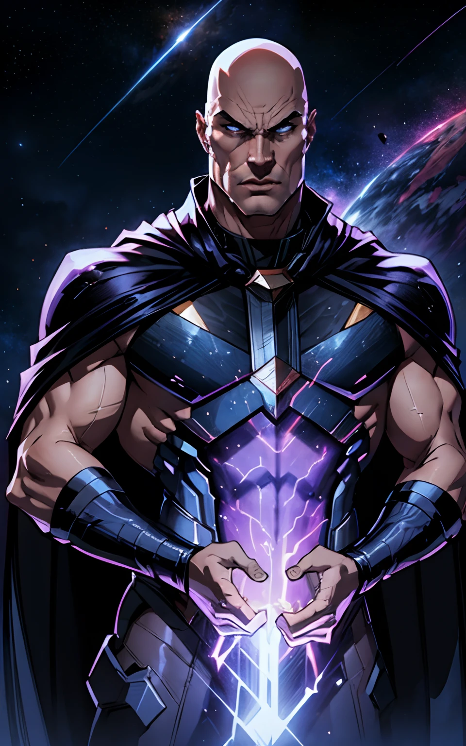 man, male focus, stunning angry , bald, cape, nebula space background, volumetric light, upper body, muscle, muscular, fantasy, dynamic angle, dynamic pose