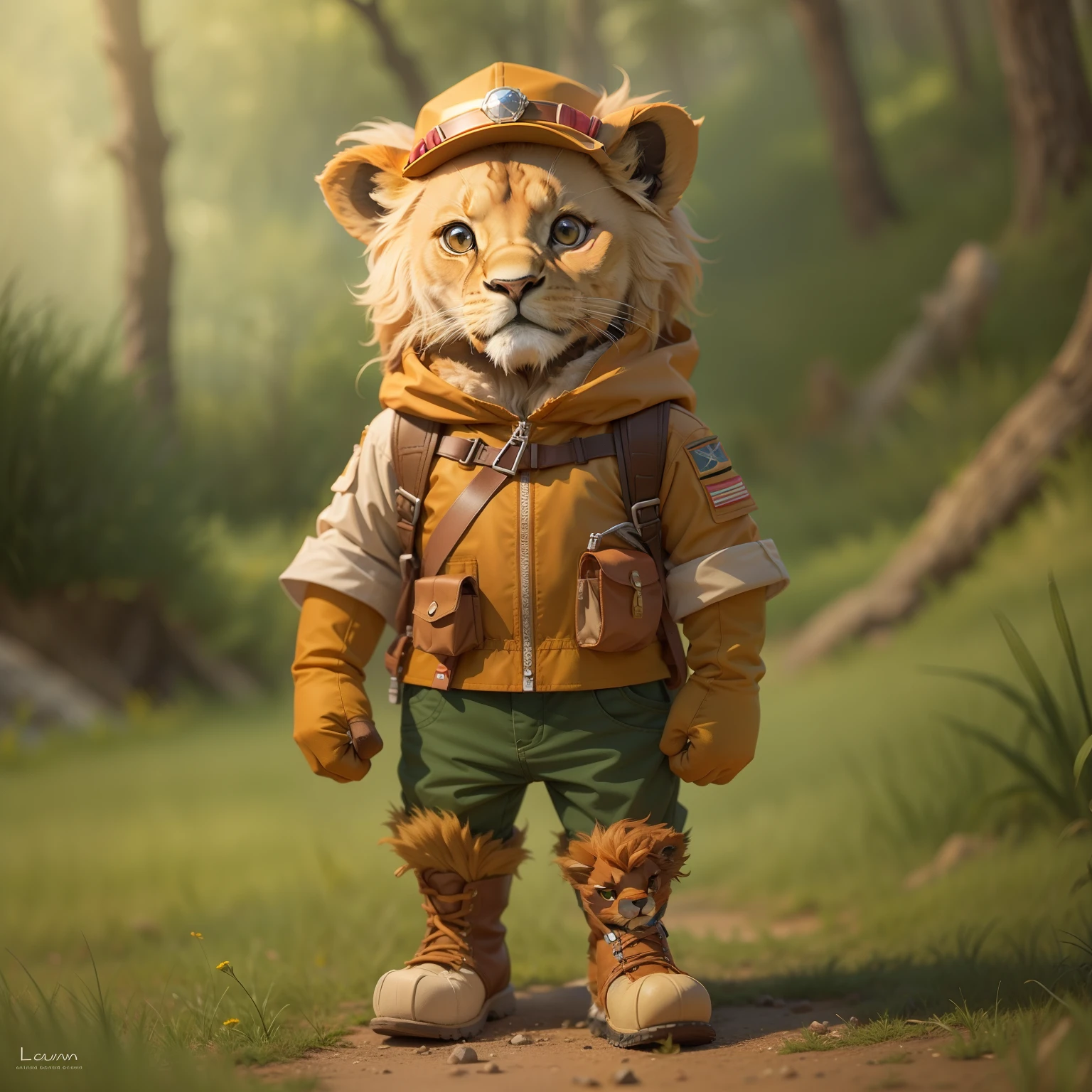 Generate an image of a character with the appearance of a little lion wearing an explorer's outfit.