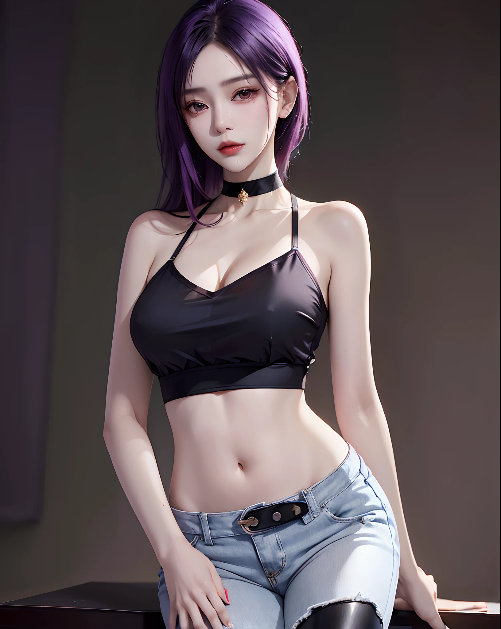 (masterpiece, best quality, 1girl, solo, intricate details, chromatic aberration), (realistic),(skin),star-kafka,(pureerosface_v1:0.3), ((medium breath)),(purple hair,blunt bangs),detailed hair, red head ornament, blue highlights,((eyewear on hair)),sunglasses,hair between eyes,pink eyes, sharp eyes, choker,(((black crop top))),jeans,(symmetry eyes),(perfect symmetrical body), night,(((natural light))),backlighting,against grey wall, dim lighting ,(look at viewer),((centered shot, from front,(face and waist))), beautiful shapely,shiny skin,vogue,portraits,(( caustic, seductive, charming)),