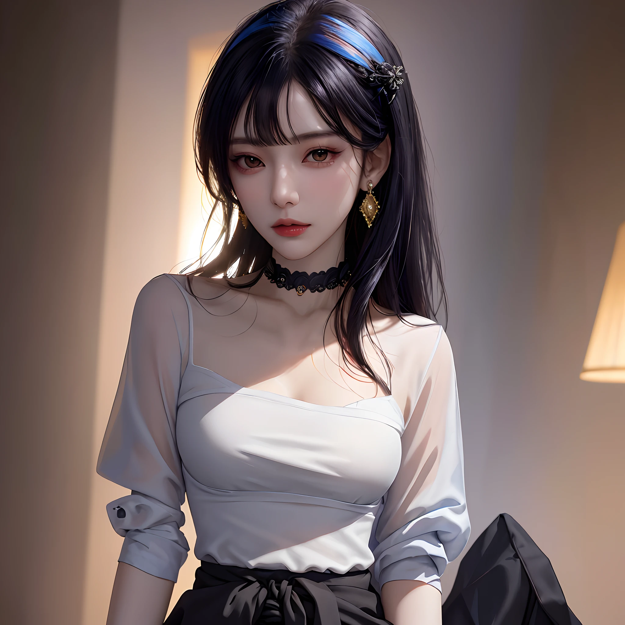 (masterpiece, best quality, 1girl, solo, intricate details, chromatic aberration), (realistic),(skin), ((breath)),(black long hair,blunt bangs),detailed hair, red head ornament, blue highlights, hair over one eye,black eyes,glasses, small earrings, sharp eyes, choker,((black maid)),(skirt),(symmetry eyes),(perfect symmetrical body), night,(((natural light))),backlighting,against grey wall, dim lighting ,look at viewer,((centered shot, from front,(face and waist)))