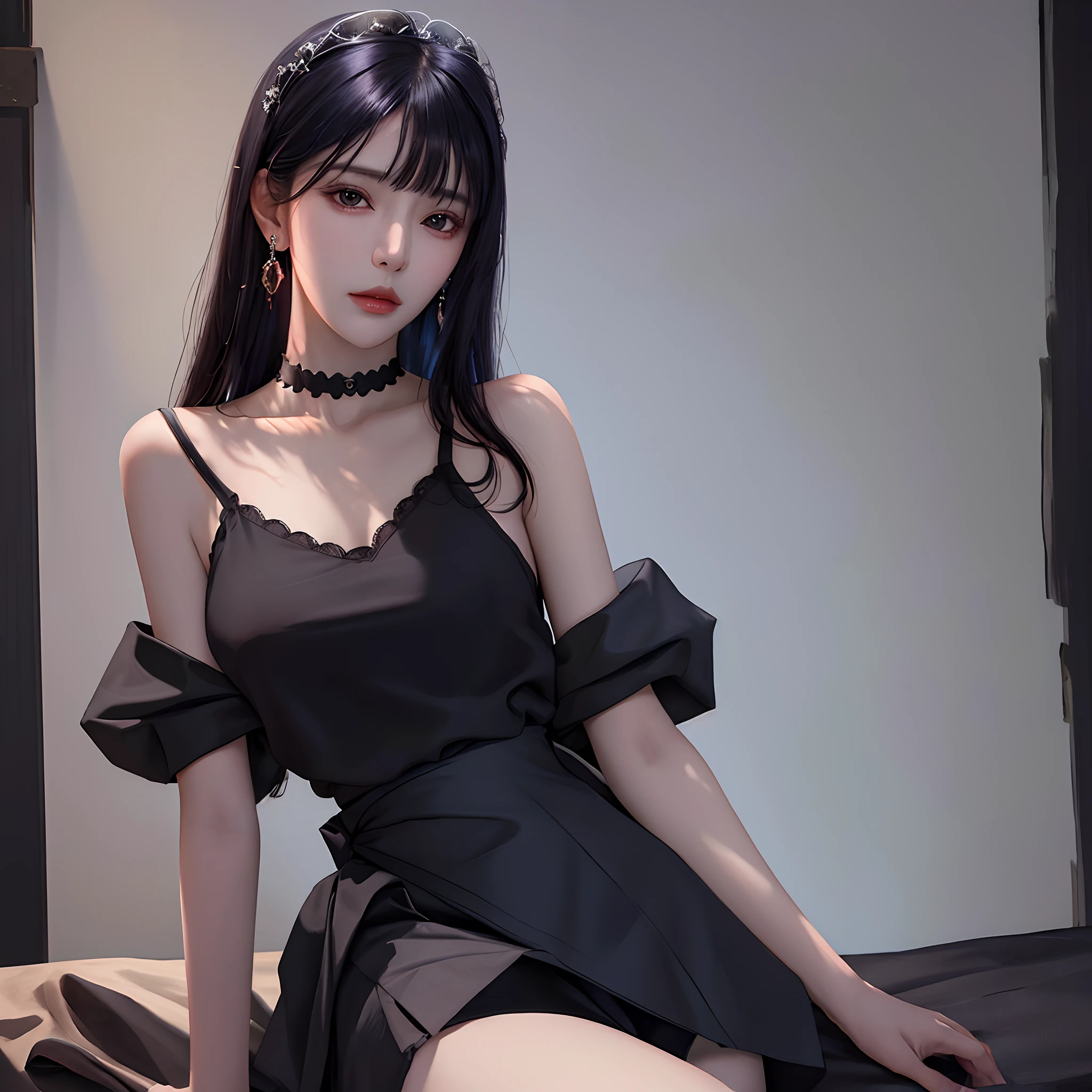 (masterpiece, best quality, 1girl, solo, intricate details, chromatic aberration), (realistic),(skin), ((breath)),(black long hair,blunt bangs),detailed hair, red head ornament, blue highlights, hair over one eye,black eyes,glasses, small earrings, sharp eyes, choker,((black maid)),(skirt),(symmetry eyes),(perfect symmetrical body), night,(((natural light))),backlighting,against grey wall, dim lighting ,look at viewer,((centered shot, from front,(face and waist)))