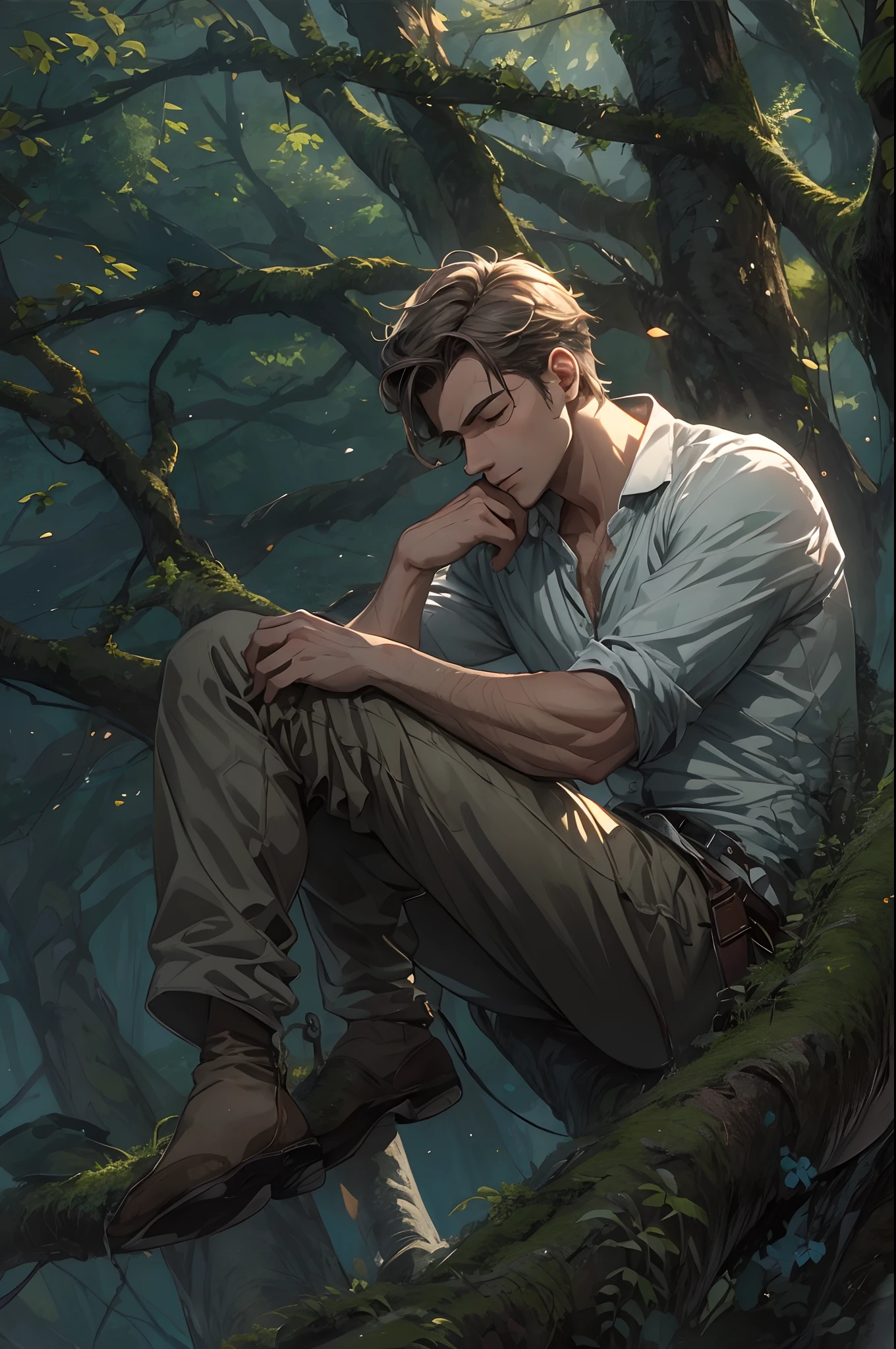 (1man), solo, masterpiece, {{{best quality}}}, {{ultra-detailed}}, {illustration}, cinematic angle, {detailed light},cinematic lighting, handsome man, short hair. A man sitting on tree, closed eyes, relaxing face. O'er all the hilltops Is quiet now, In all the treetops, Hearest thou, Hardly a breath, The birds are asleep in the trees, Wait, soon like these, Thou too shalt rest.