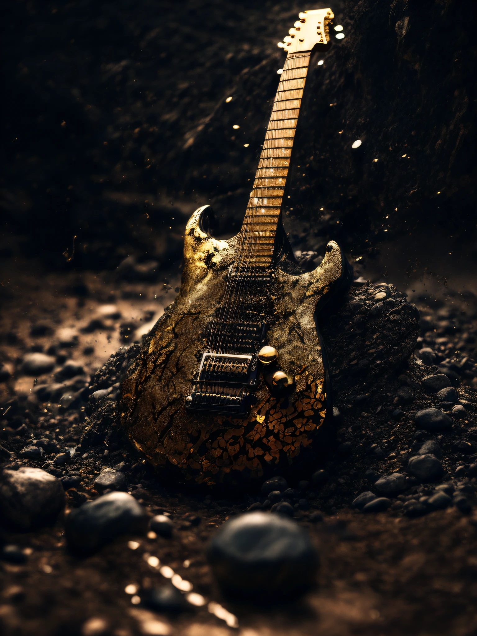 there is a guitar that is sitting in the dirt, electric guitar, on a dark rock background, guitar concept art, futuristic electric guitar, rocking out, wet metal reflections, gold and black metal, dust and rock theme, rock music, hq 4k phone wallpaper, liquid metal, album art, rock, covered with liquid tar. dslr, high quality wallpaper