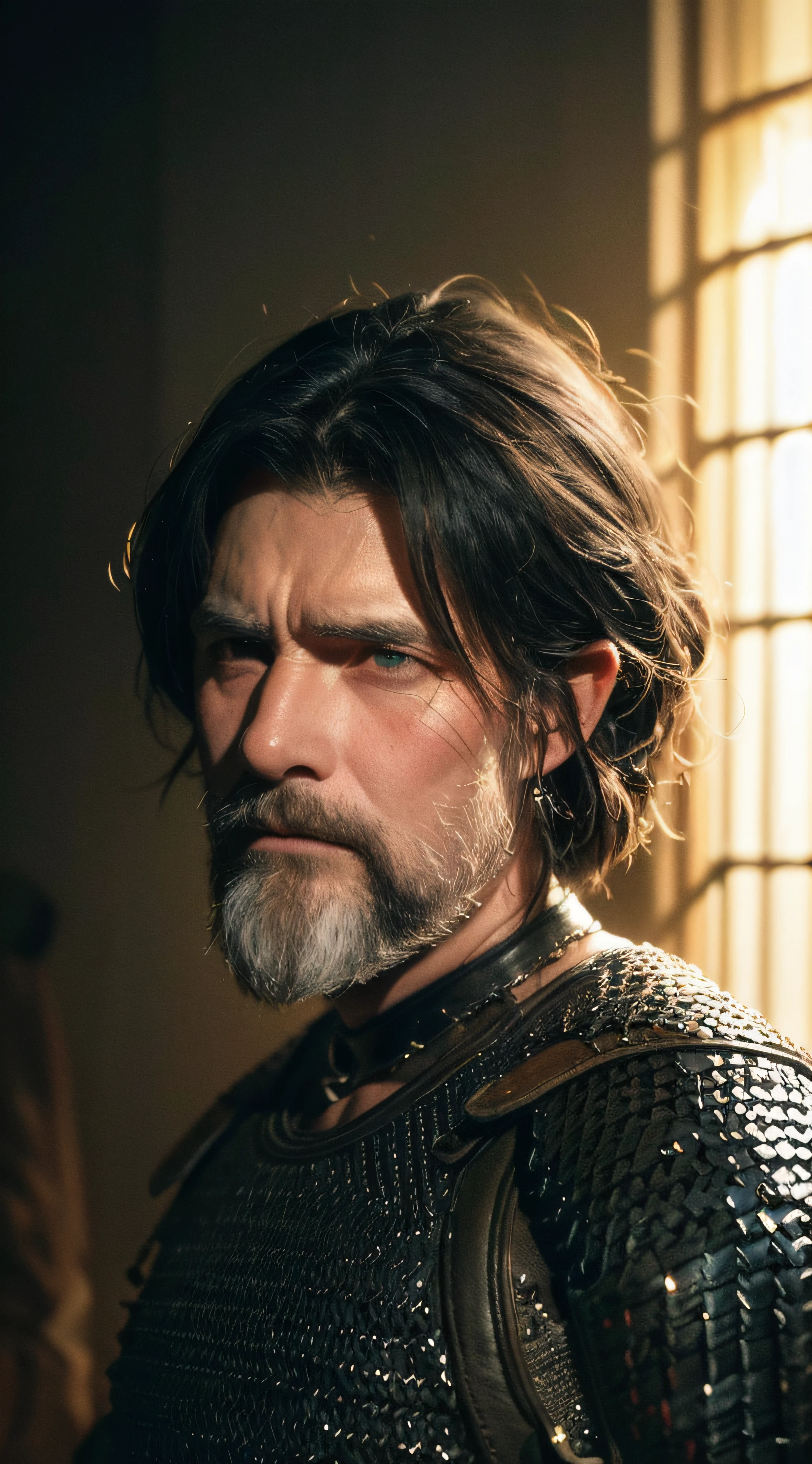 Raw, cinematic shot, (sharp focus:1.5), (photorealistic:1.2), 1boy, medium portrait of (a weary-looking but still proud and fierce-looking old Viking warrior, now the leader of his village, dressed in elaborately detailed chain mail and leather armour, a few torches burn on the walls, giving the scene a dark atmosphere but sculpting the forms in sharp chiaroscuro), it is night time, dark lighting, twilight lighting, volumetric lighting,