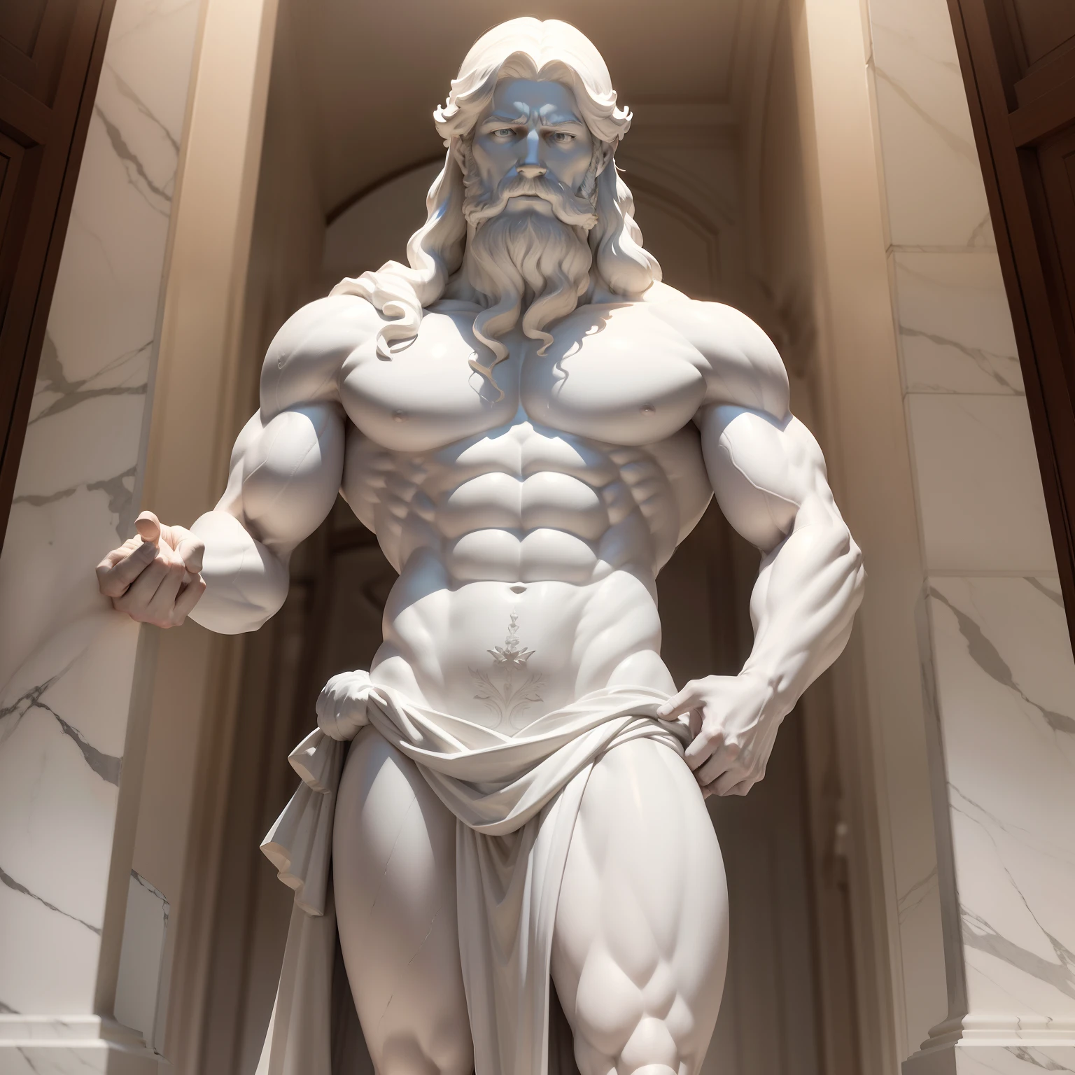 white marble statue, homem musculoso, imponente, Whole body standing, Cabelos Longos, barba grande, sereno, poderoso, nuvens