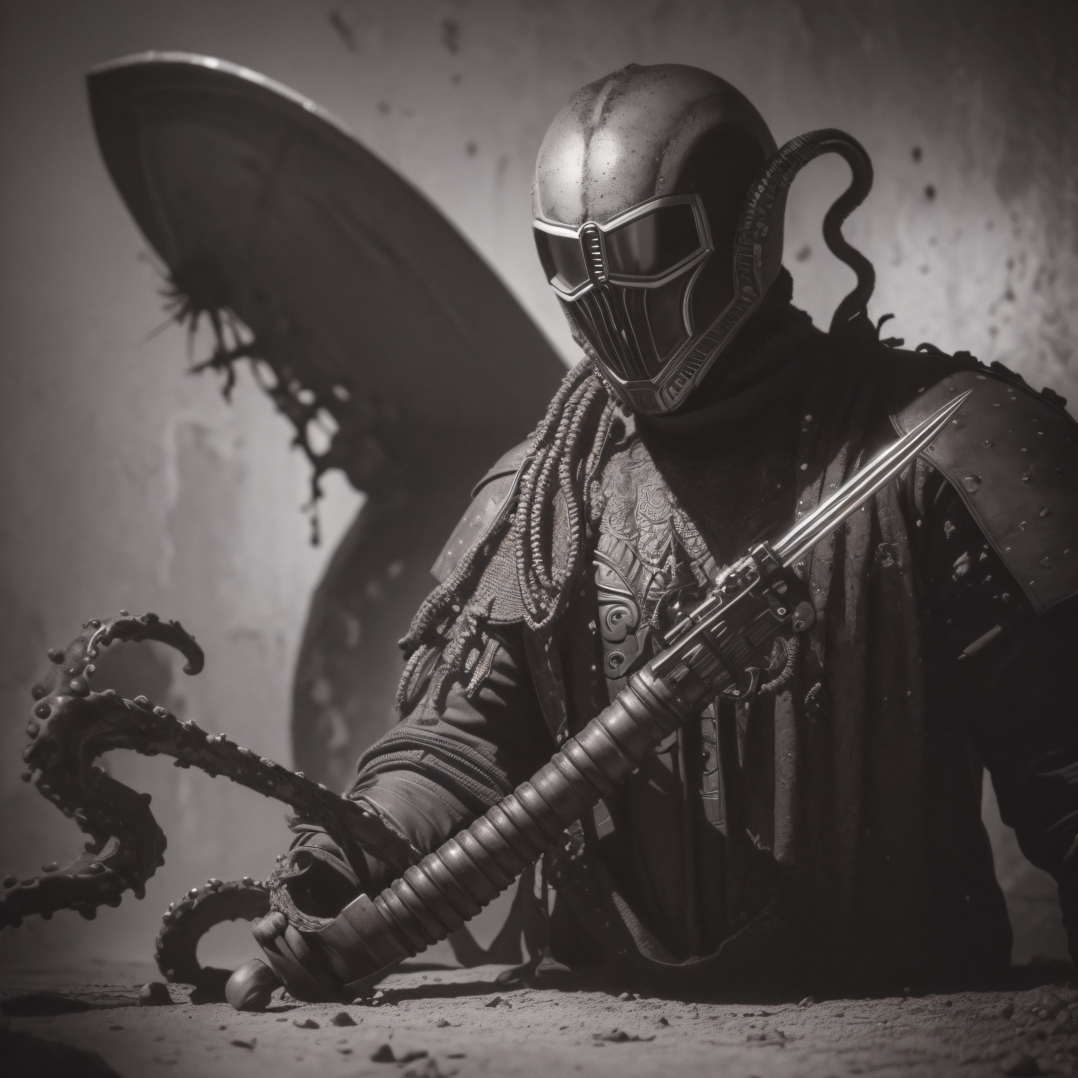 (extremadamente detallado, obra maestra, La mejor calidad), Estilo oscuro, intense illumination, rostro con arrugas, soldier, medieval armor, rusted, axe, tentacle, monstruoso, interior de una piscina de agua verdosa, imagen submarina, alien con Colmillos finos. manchas de tinta. Rococo composition. Luz de caravaggio