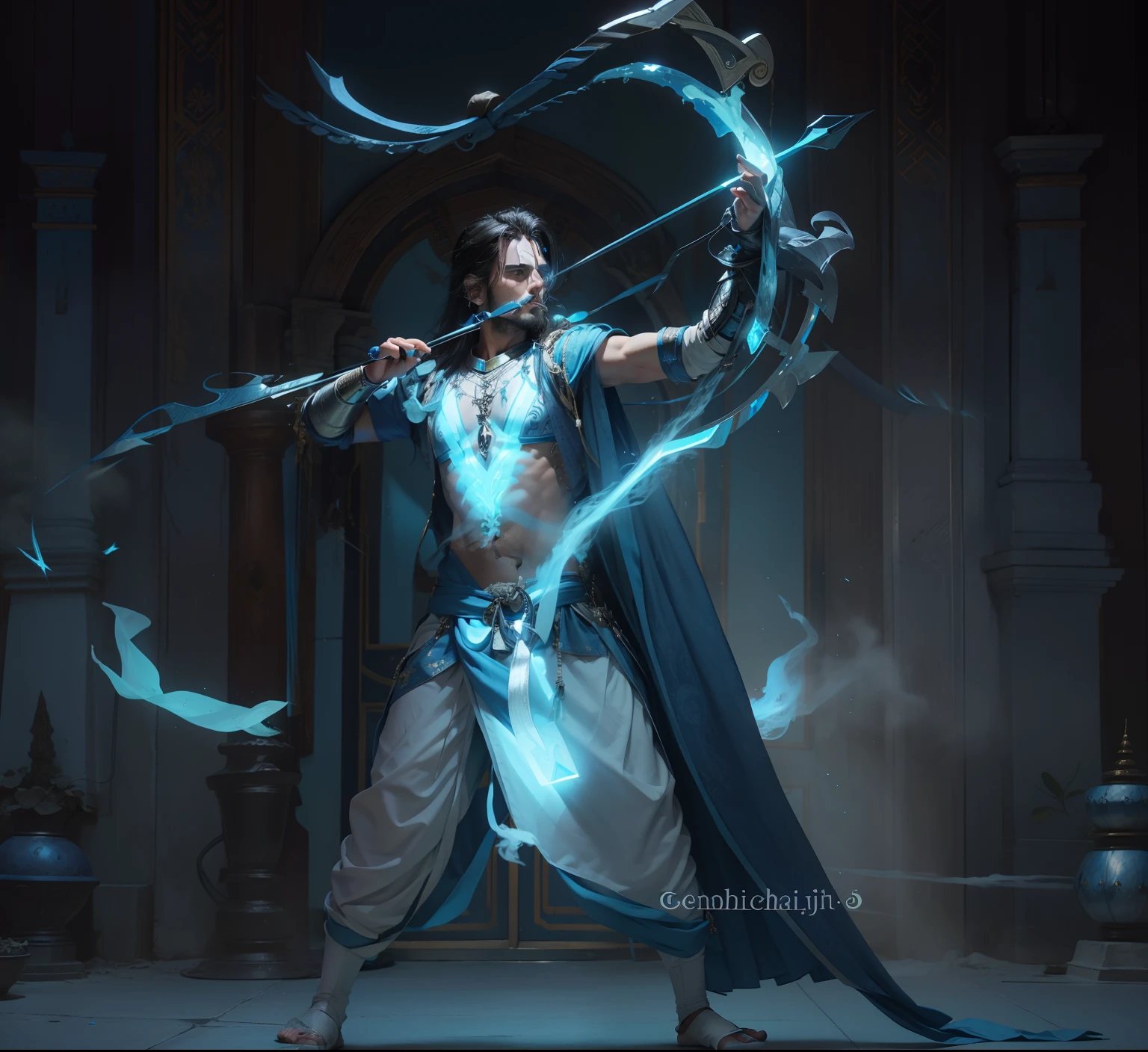 A (traditional) (solo man) warrior hold a ((blue or glass)) bow and arrows, (heavy bow), wearing a perfect fit armor, silver glowing armor, ((luminous armor)) and traditional (dhoti). full body portrait in a warfield . ((Long : 0.3)) black hair. Looming ((blue thunder)) power light and white smoke around him . bow in him hand's, realistic face, uhd ,4k details