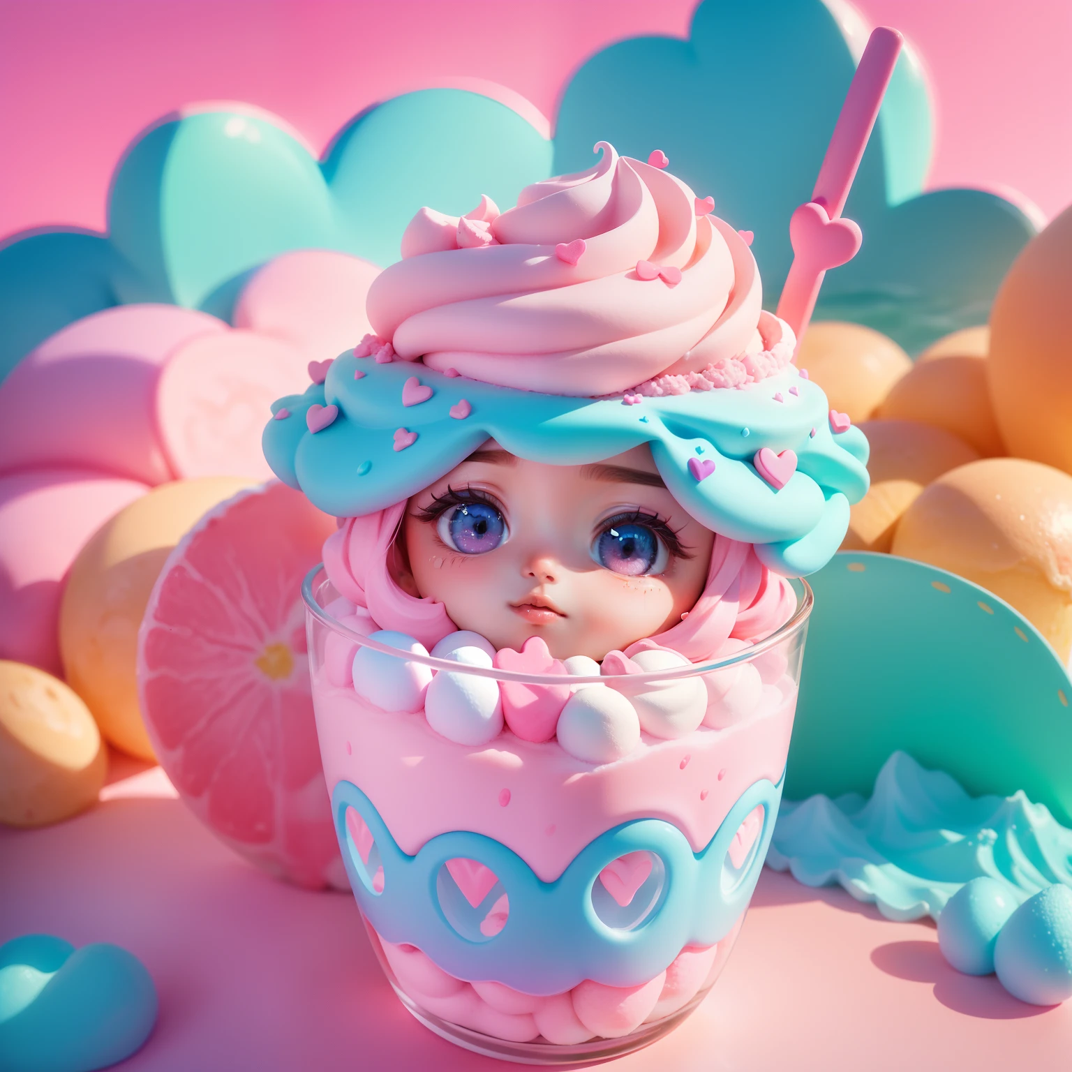 Linda paisagem rosa e azul pastel, um milkshake de frutas fofo, olhinhos grandes e brilhantes, Hearts everywhere , muito fofo, pontinhos de luz amarelo , milkshake delicioso.