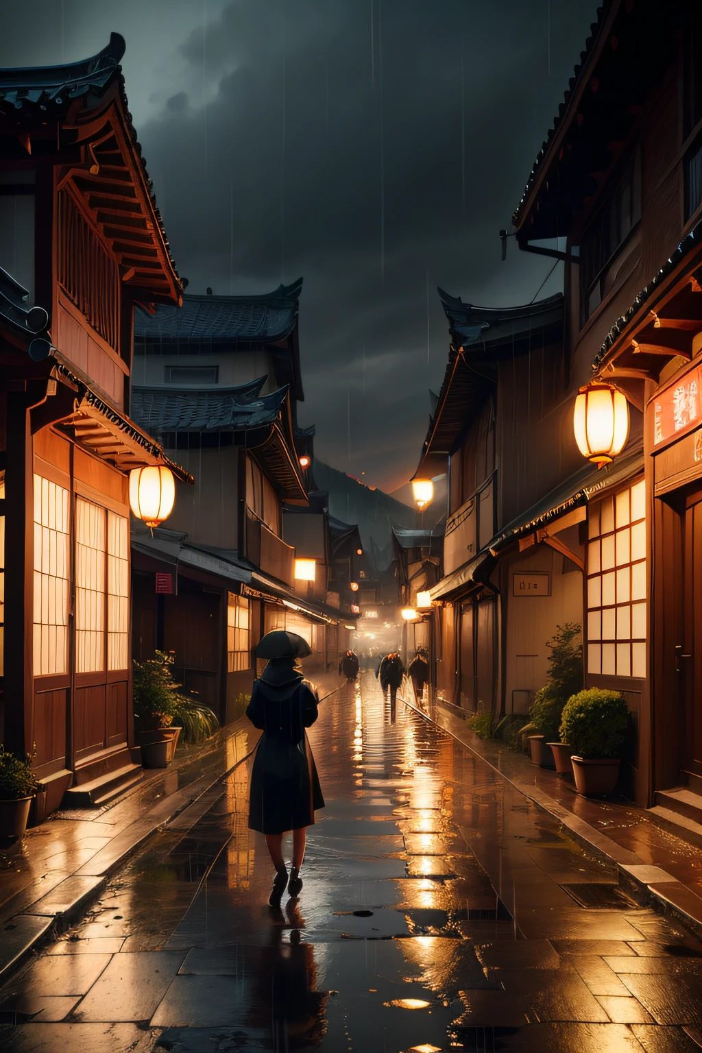 arafed view of a village with a lot of lights on the buildings, dreamy chinese town, chinese village, amazing wallpaper, japanese town, japanese village, hyper realistic photo of a town, old asian village, japanese city, by Raymond Han, rainy evening, cyberpunk chinese ancient castle, beautifully lit buildings, at evening during rain, beautiful and aesthetic, photography, cinematic, 8k, high detailed ((Heavy rain)))