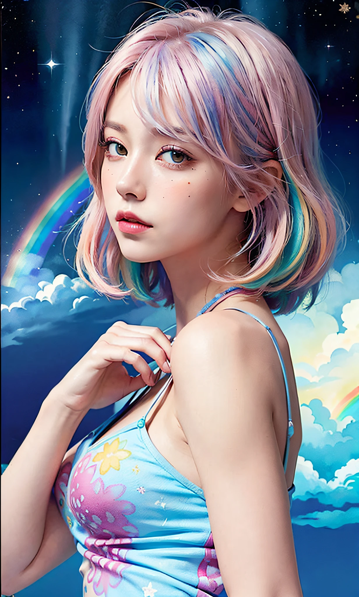 (masterpiece, top quality, best quality,watercolor (medium),official art, beautiful and aesthetic:1.2),(1girl:1.3), (fractal art:1.3),upper body, from side, looking at viewer,patterns,(rainbow color Hair,colorful hair,half blue and half pink hair:1.2),water,liquid, cloud,colorful, starry,stars,