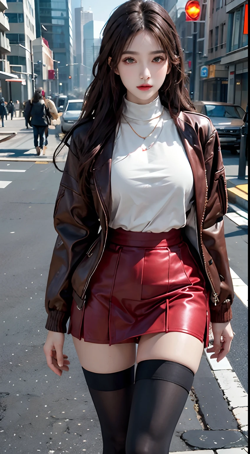 photorealistic, high resolution, 1women, solo, hips up, look at viewer, (detailed face), colorful street wear, jacket, skirt, thighhighs, tattoo, jewelry, winter night