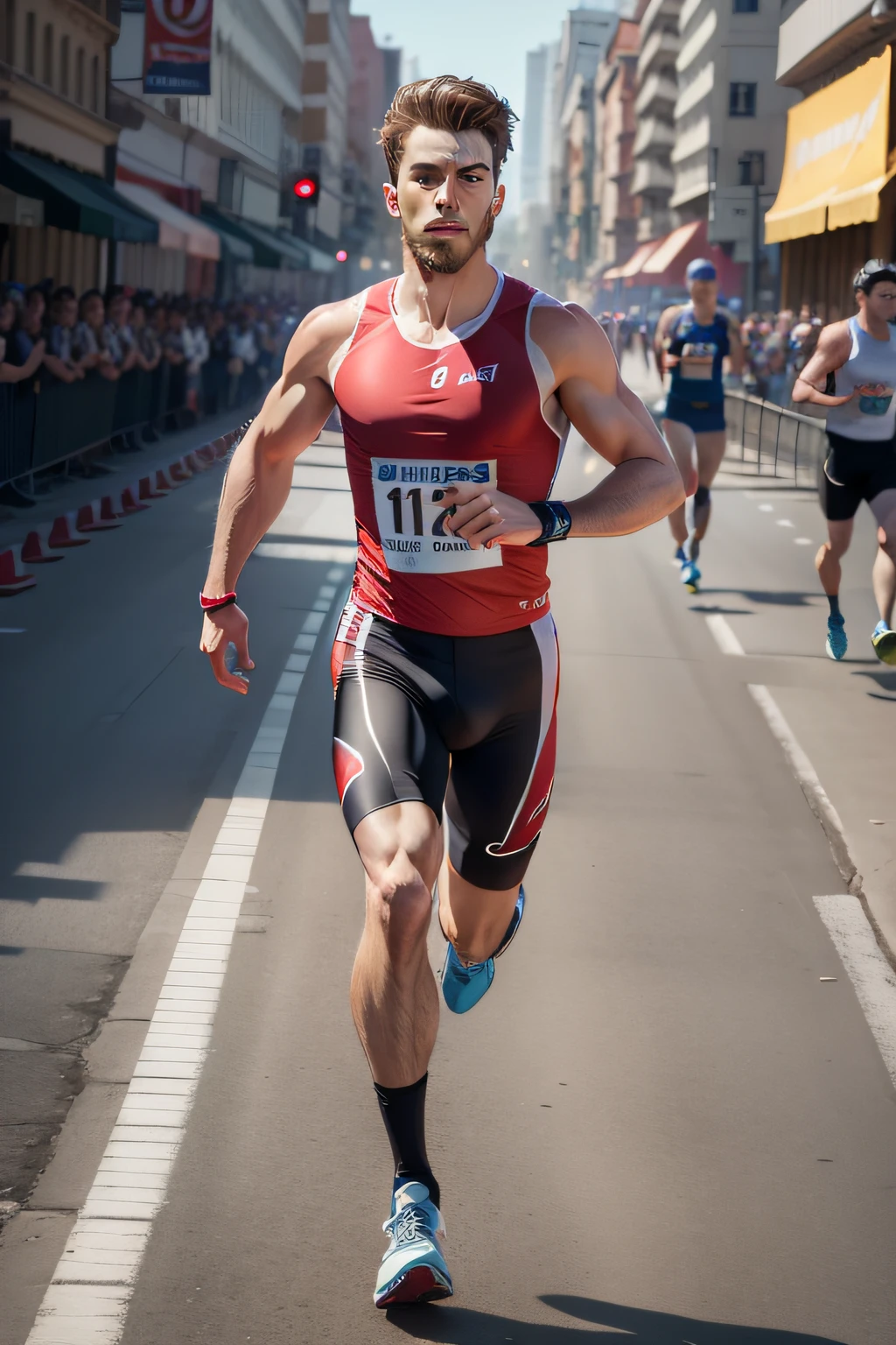 (8k, RAW photo, best quality, realistic: 1.2), ultra detailed, official art, photo-realistic: 1.75, full body, athlete, men, marathon, running