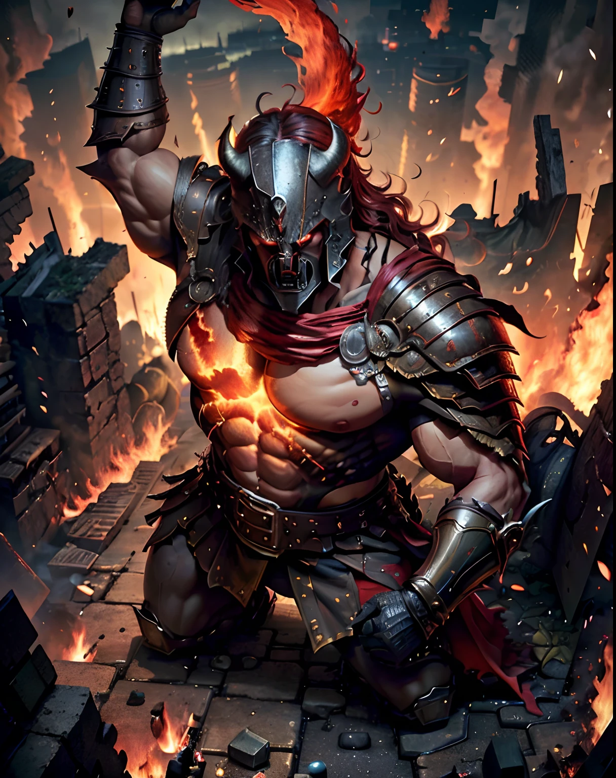 (from above:1.4), horreur, (corps entier:1.4) photo, The demon was an imposing figure, with massive muscles and huge hyper detailed hyper realistic horns sticking out of his head, dark skinned, Fourrures, (Android spare parts:1.4),
(Position de combat, dynaimc pose:1.4), extremely huge wings that were widely spread, (raise your arms to the sky), armure, arme, Bouclier gigantesque, Cap rouge, and his eyes were fiery red, Burning in hell,Ville en ruine, explosion, r1ge,
(Masterpiece,Best quality, realistic detail:1.4)