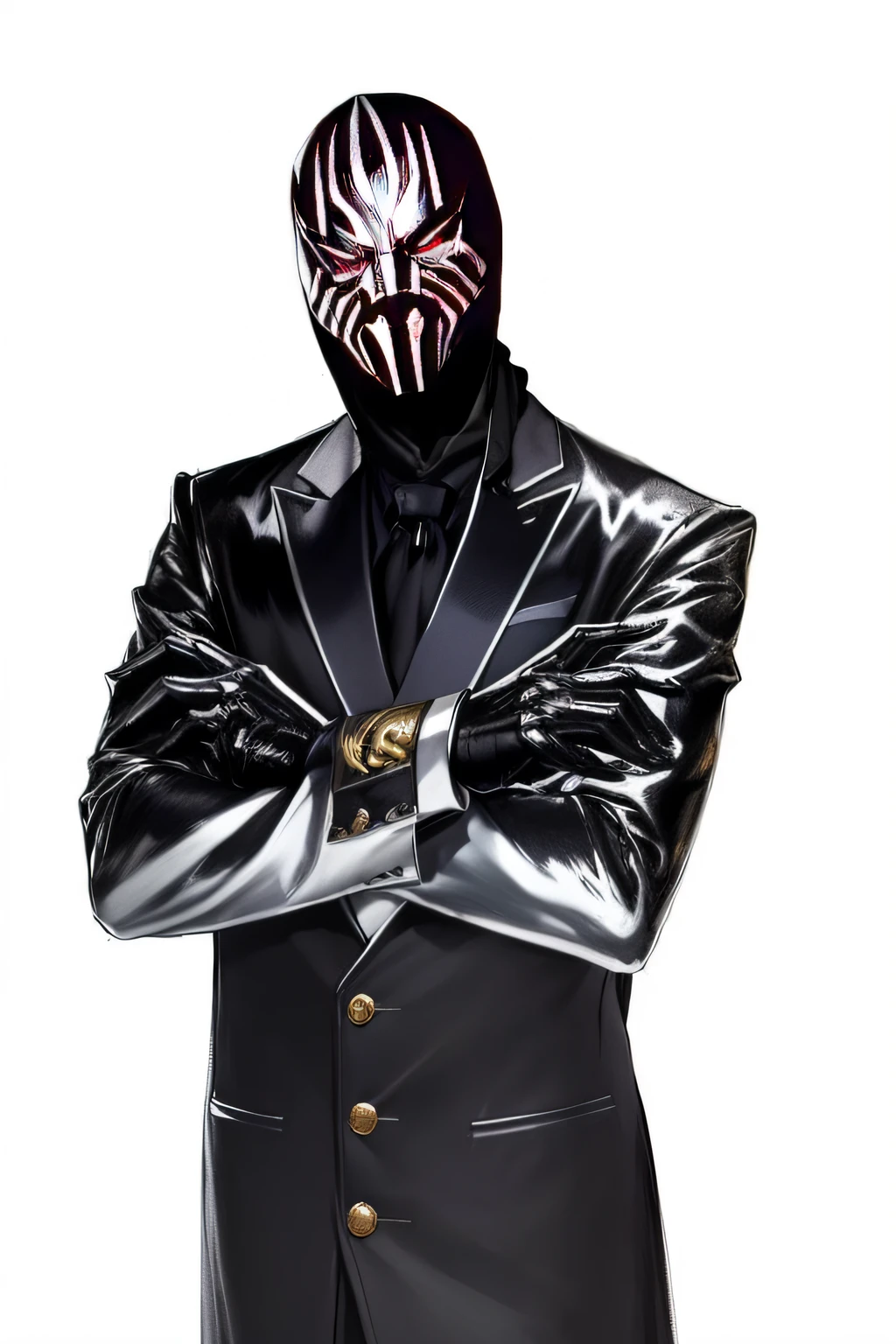 There's a man in a suit and a zebra mask, com pintura facial de metal preto, traje de platina, terno escuro, WWE, pintura facial de metal preto, chrome mask, Villain, menacing pose, menacing stare, black mask, Zentai segue, terno biopunk, villain pose, olhar arrogante, mascarado, 2 mil, Shinigami, 2K, evil villain